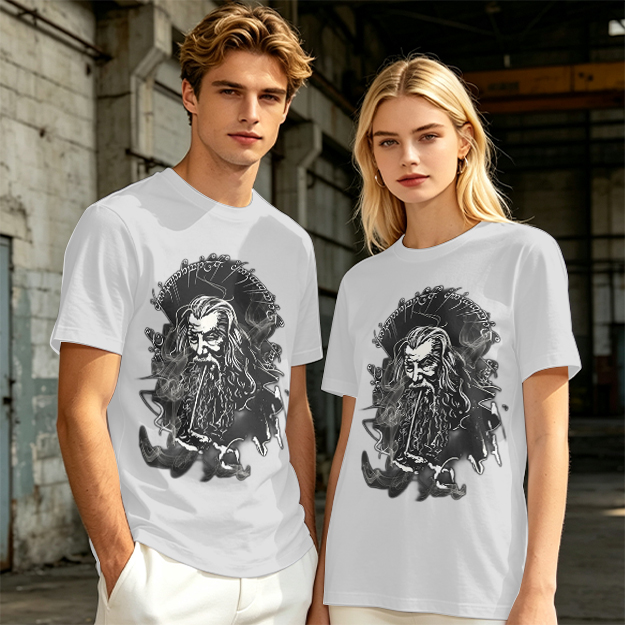 Olive T-Shirt with Wizard Smoking Pipe Fantasy Art Print