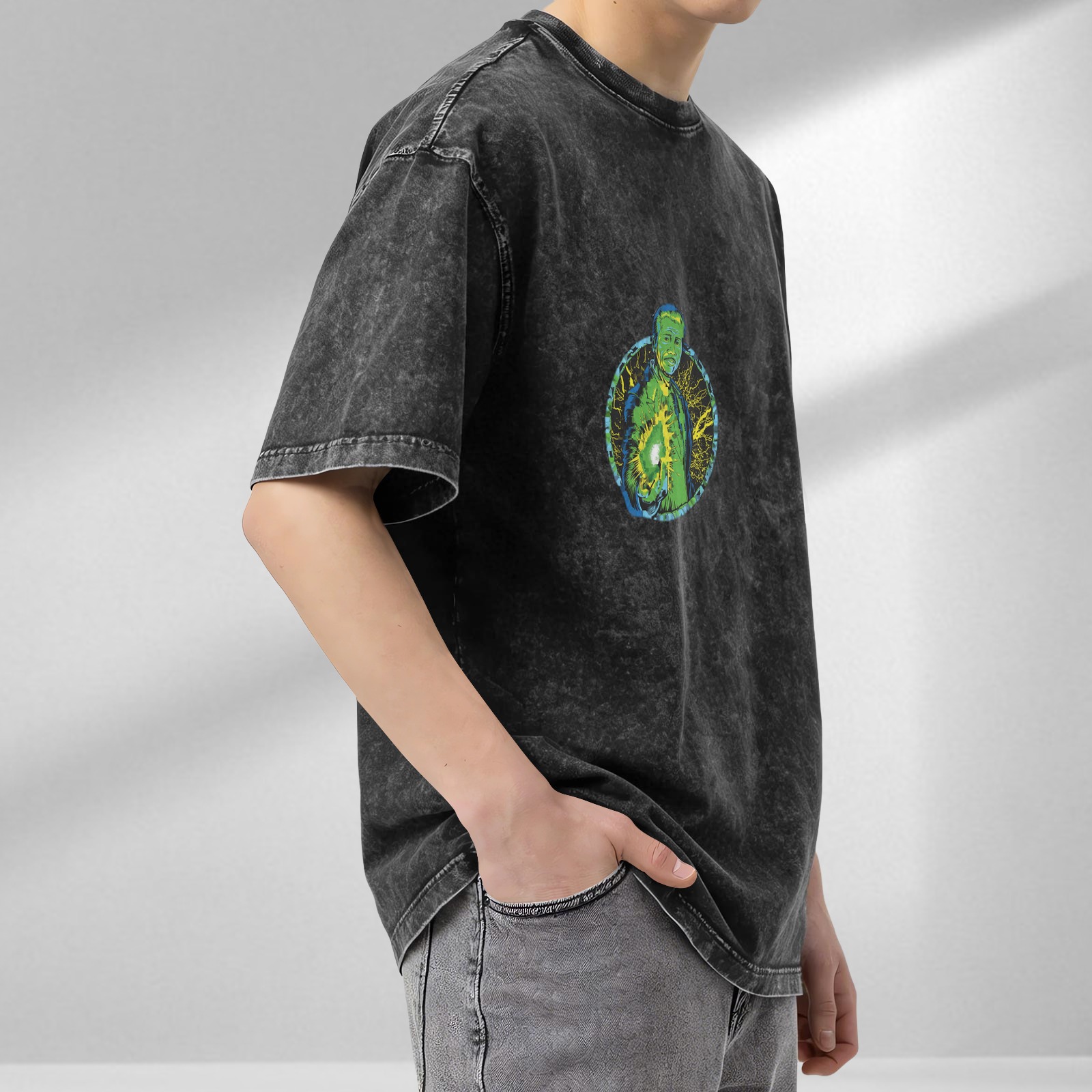 Oversized Acid Wash T-Shirt With Green Energy Figure Graphic