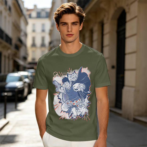 Olive T-Shirt with Playful Comic Style Character Print