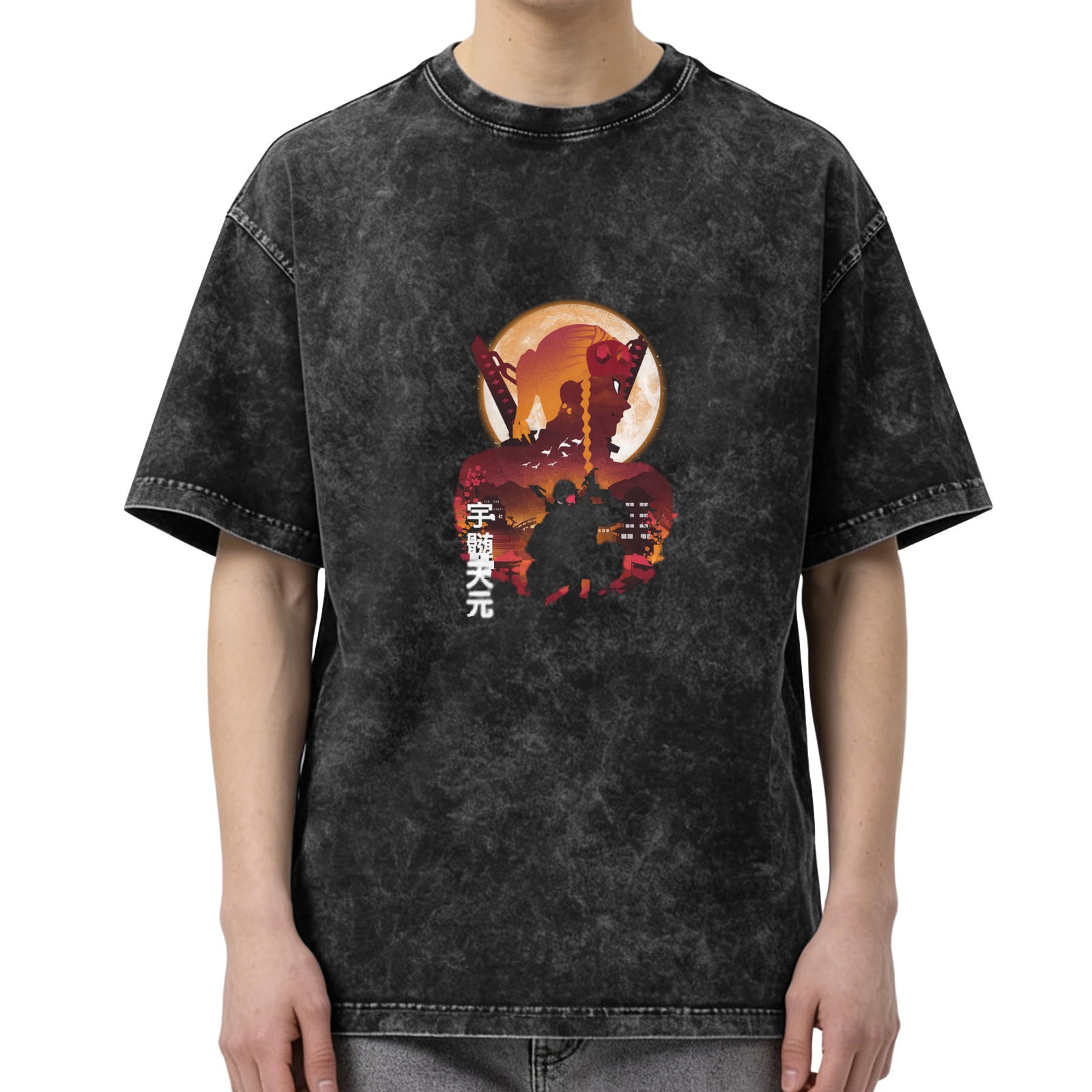 Demon Slayer: Kimetsu no Yaiba Umui Tengen themed distressed washed black short-sleeved T-shirt
