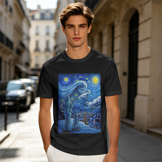 Olive T-Shirt with Starry Night Alien Landscape Art Print