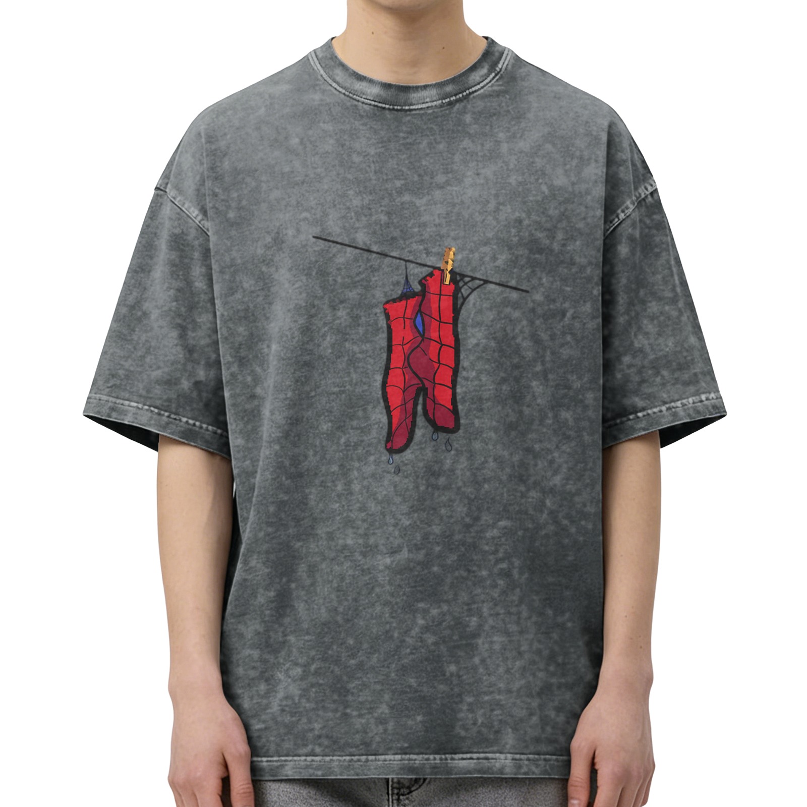 Oversized Acid Wash T-Shirt with Spider-Man Hanging Graphic