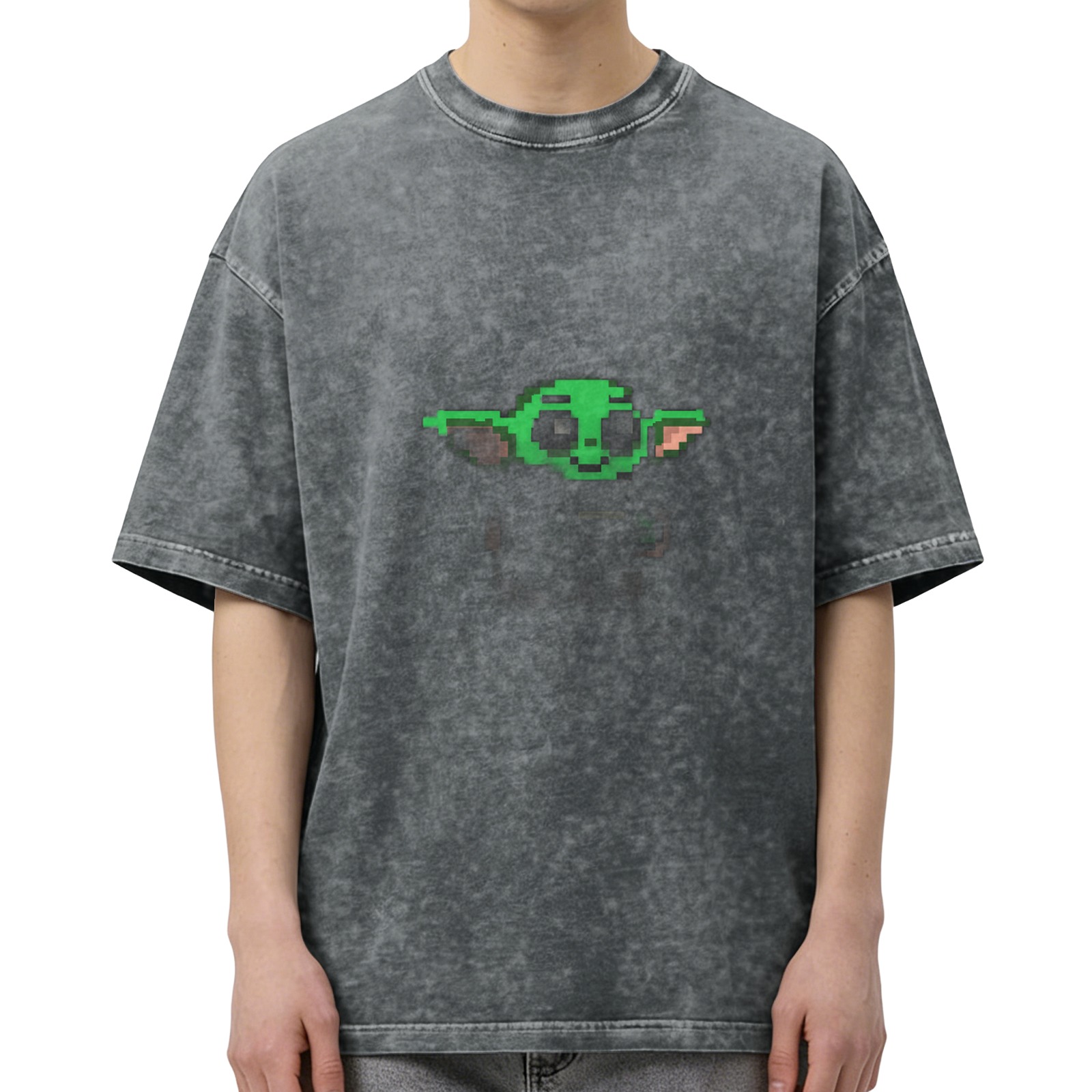 Washed Black Oversized T-Shirt with Pixel Baby Alien Graphic