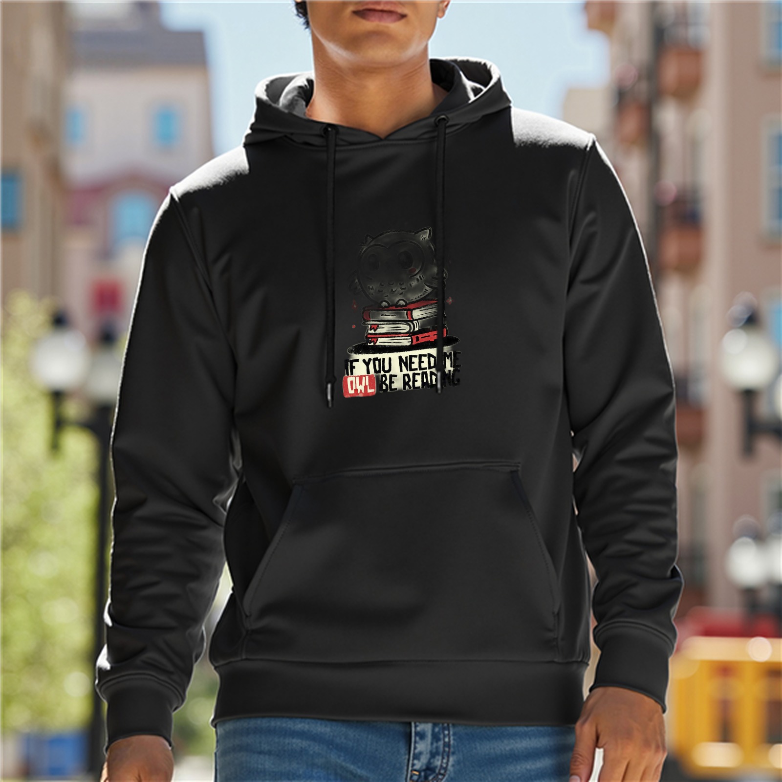 Black hoodie with owl reading books graphic and text