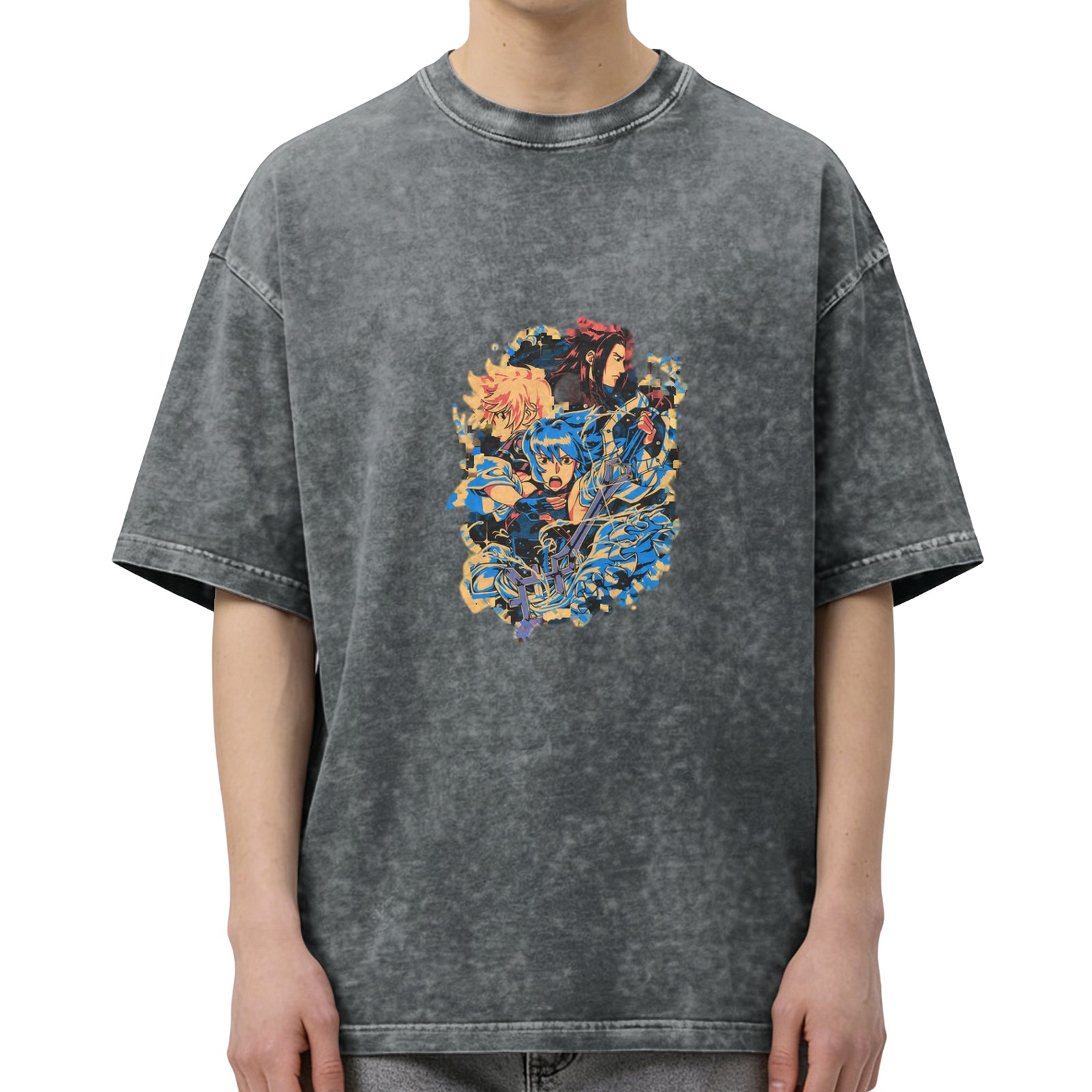 Anime Character Graphic Washed Black Oversized T-Shirt