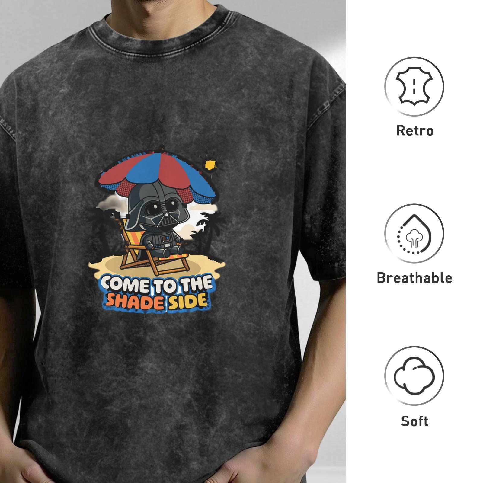 Washed Black T-Shirt with Cute Darth Vader Beach Shade Side Graphic