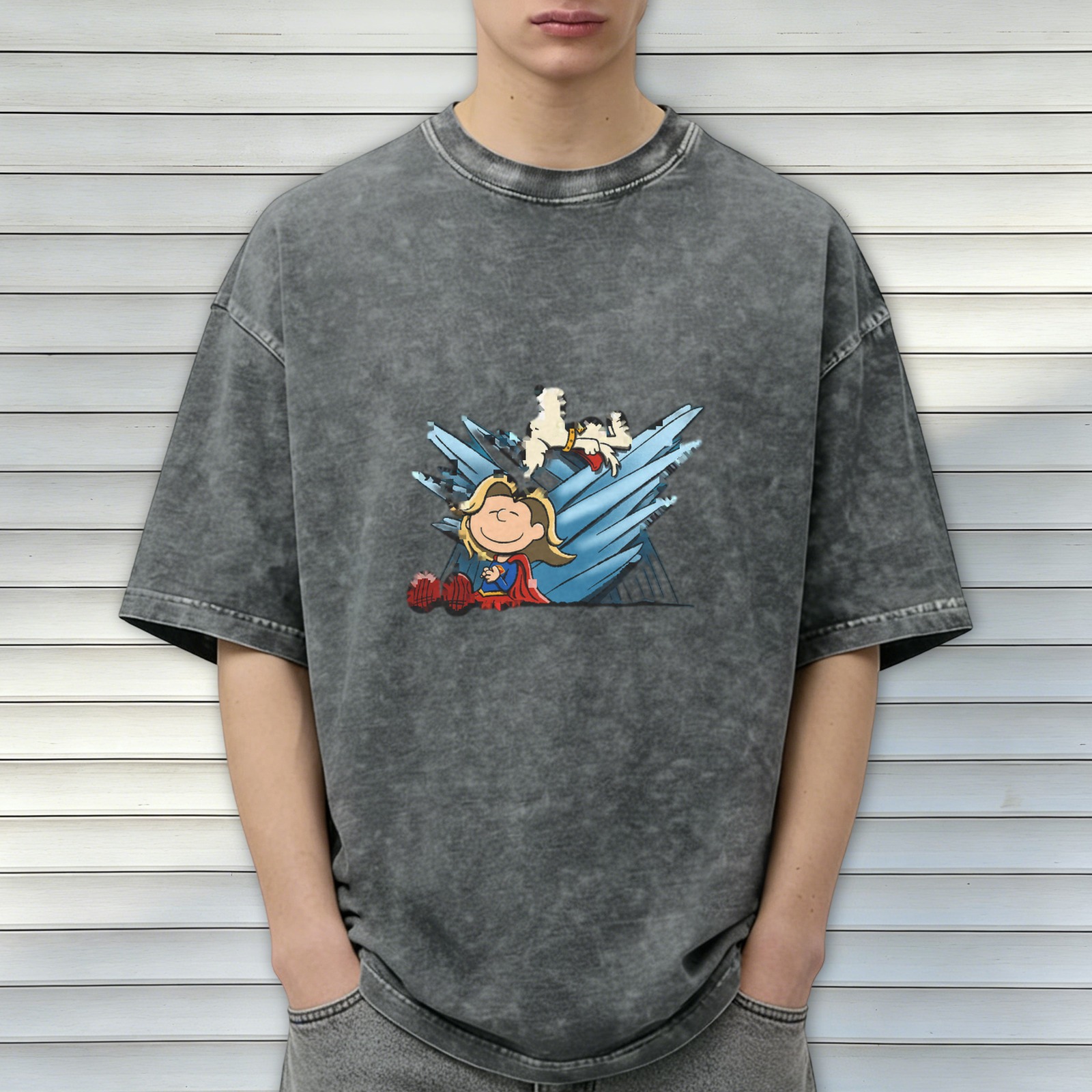 Washed black graphic t-shirt with Peanuts style superhero print