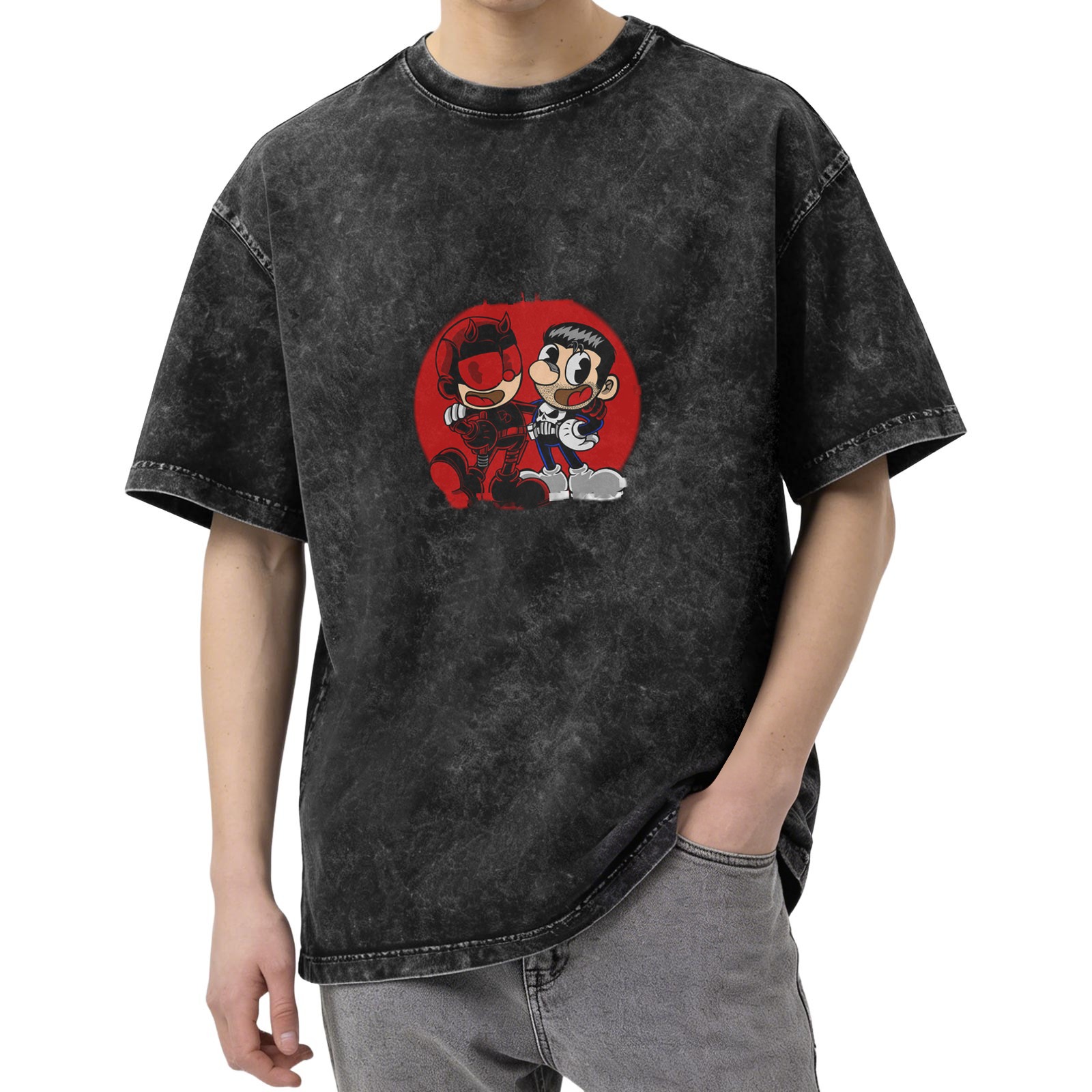 Oversized Washed T-Shirt with Retro Cartoon Superhero Print