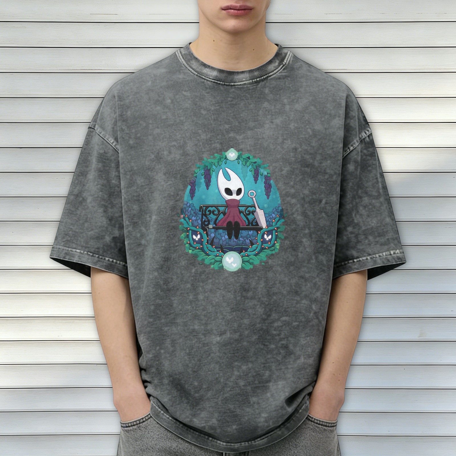 Hollow Knight Themed Dark Wash Graphic T-Shirt