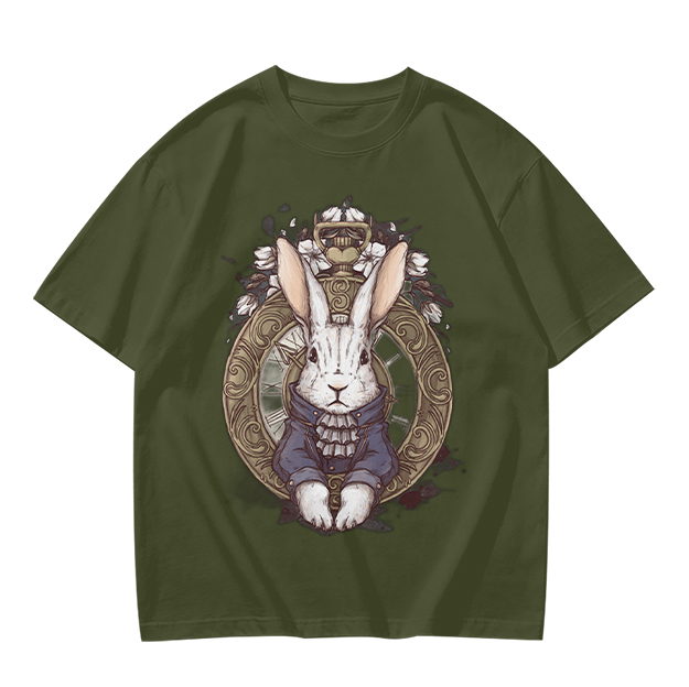 Olive T-Shirt With Steampunk White Rabbit Pocket Watch Art