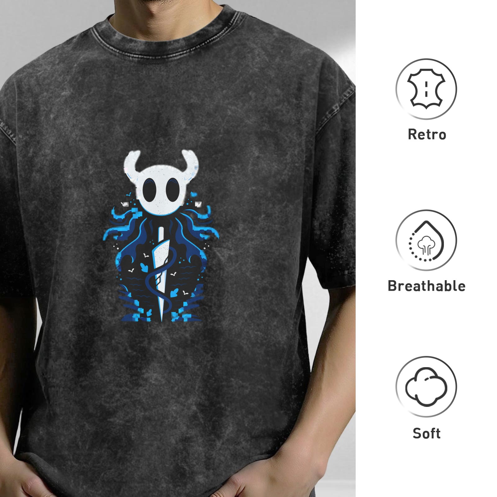 Hollow Knight themed distressed washed black short-sleeved T-shirt and game peripheral printed loose top