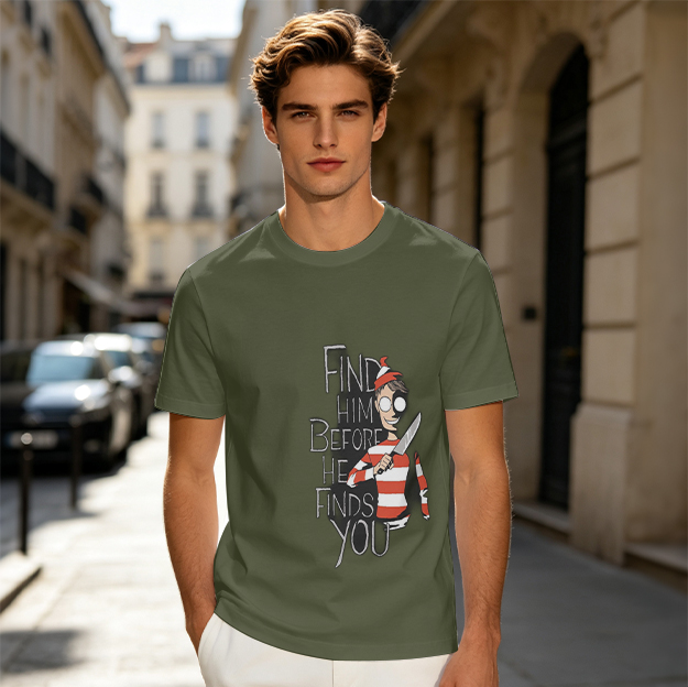 Find Him Before He Finds You Horror Parody Graphic T-Shirt