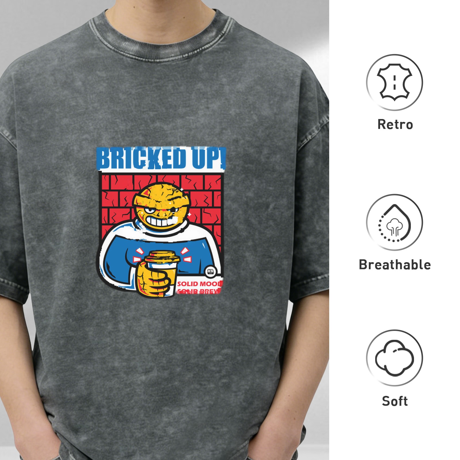 Oversized acid wash t-shirt with brick-themed cartoon graphic