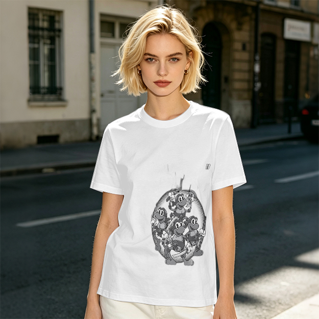 Olive green graphic t-shirt with cartoon monkey crew print