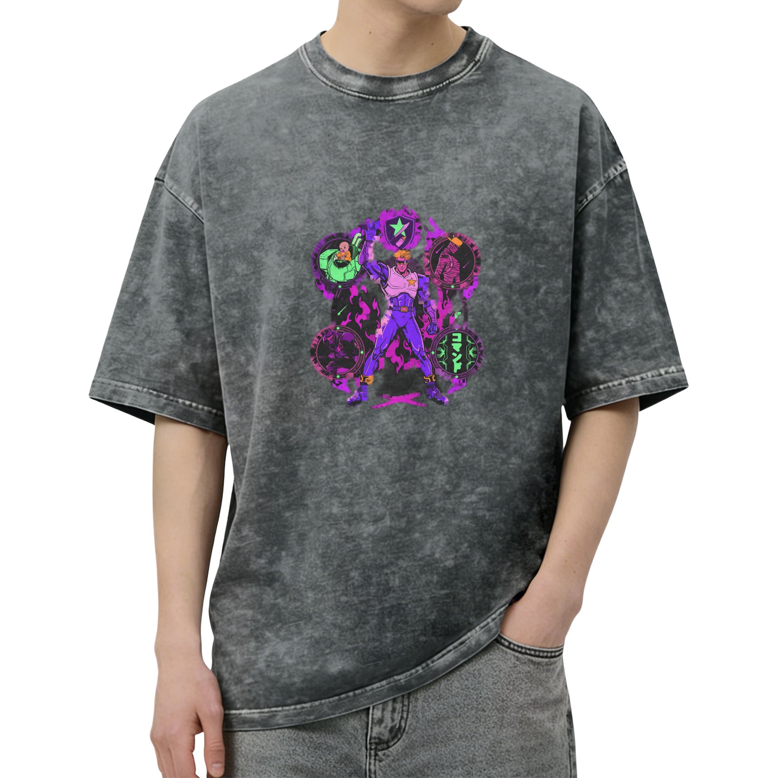 Washed Black T-Shirt with Neon Anime Superhero Graphic Print