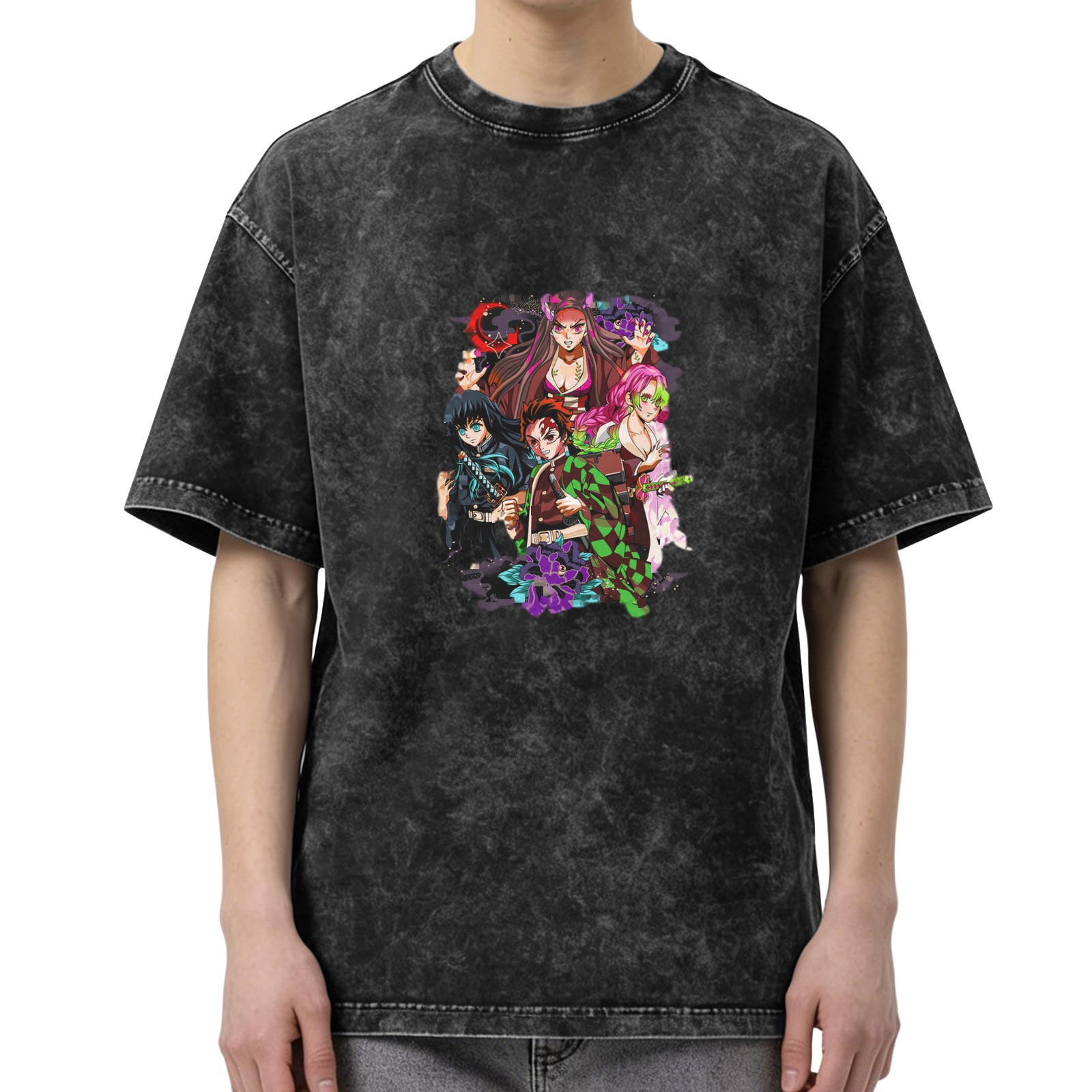 Demon Slayer Anime Group Graphic Oversized Washed Black T-Shirt
