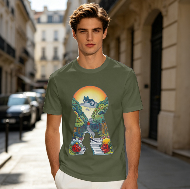 Olive T-Shirt with Keyhole Shaped Forest Sunset Cat Art