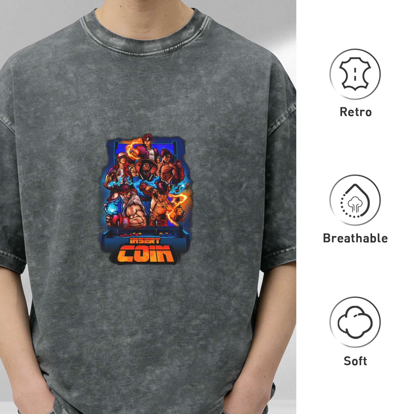 Retro Arcade Fighter Insert Coin Graphic Acid Wash T-Shirt