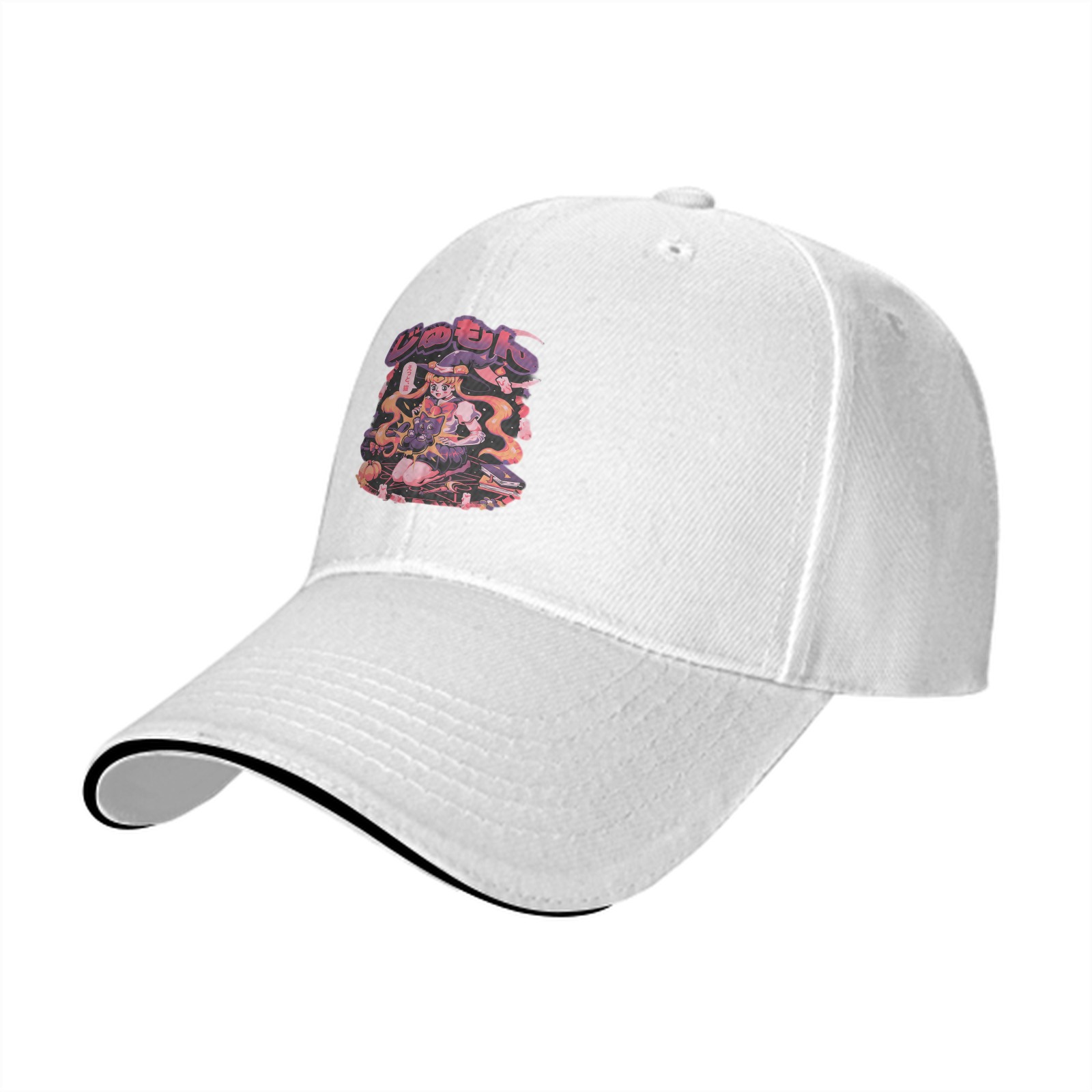 Black baseball cap with anime witch graphic print