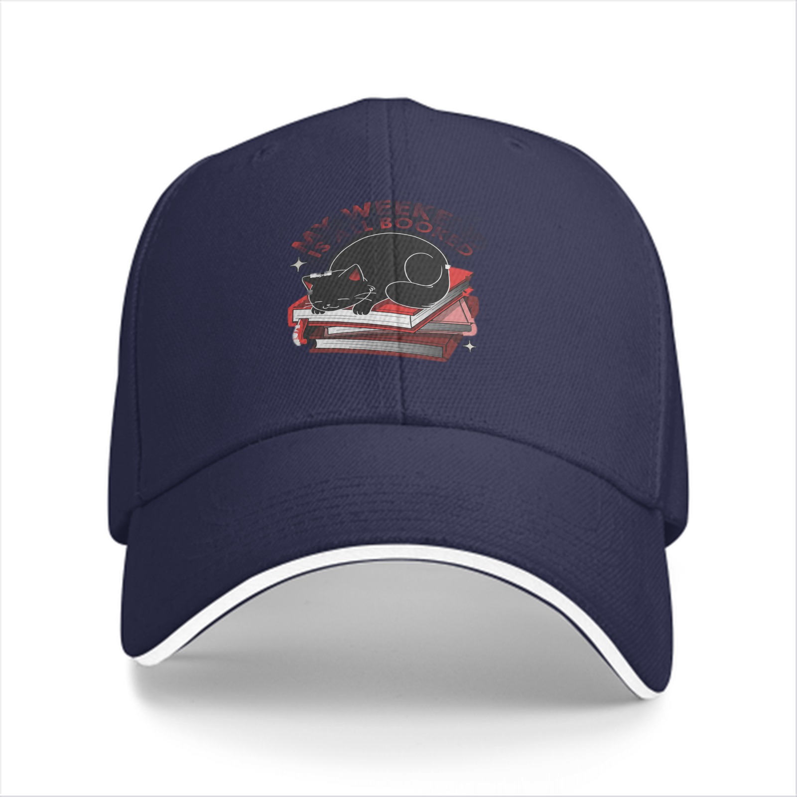 Black Baseball Cap with Sleeping Cat on Books Graphic