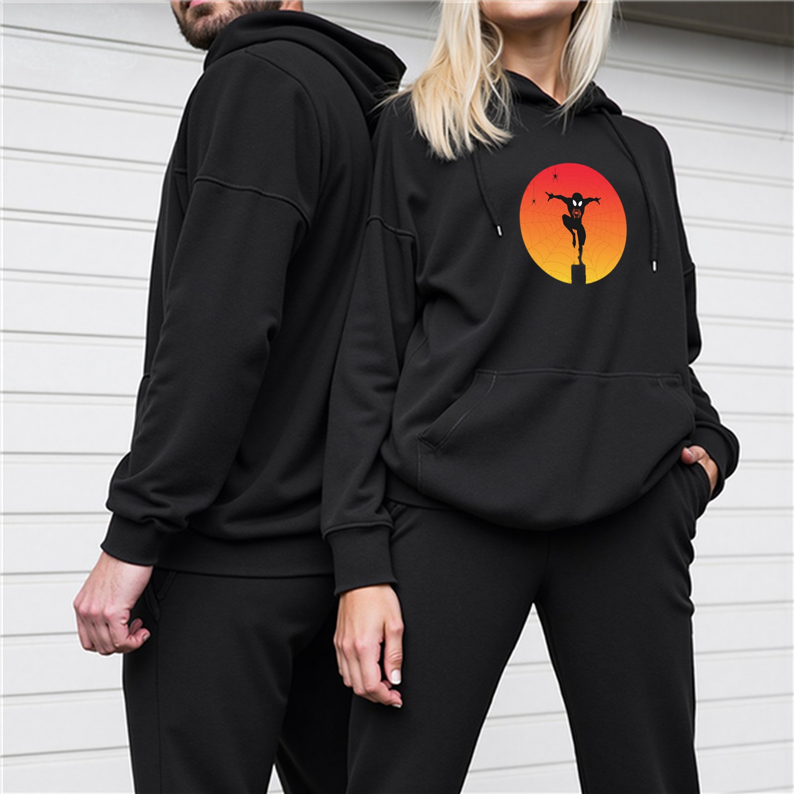 Black Hoodie With Spider Hero Sunset Silhouette Graphic