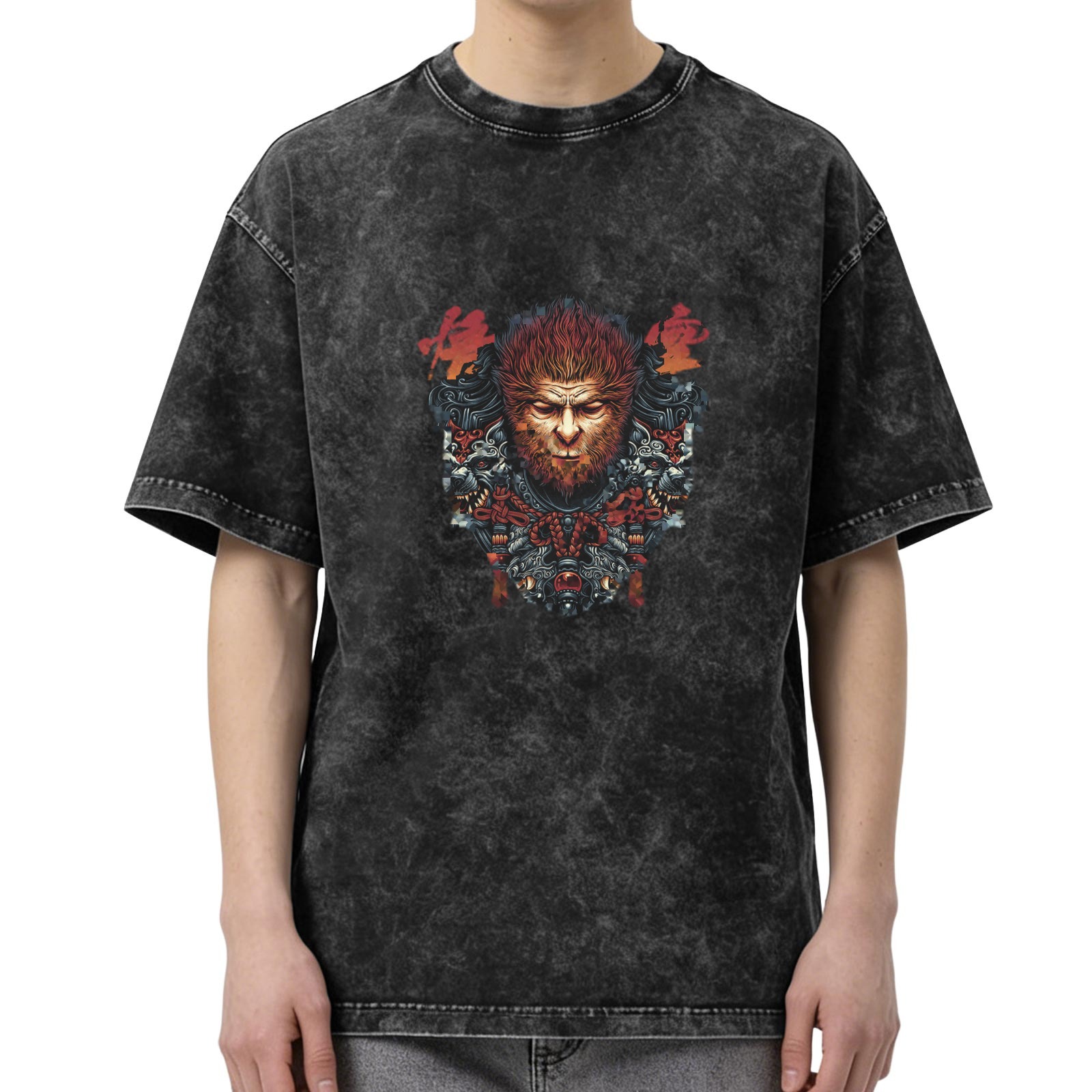 Washed Black T-Shirt with Mythical Monkey King Graphic
