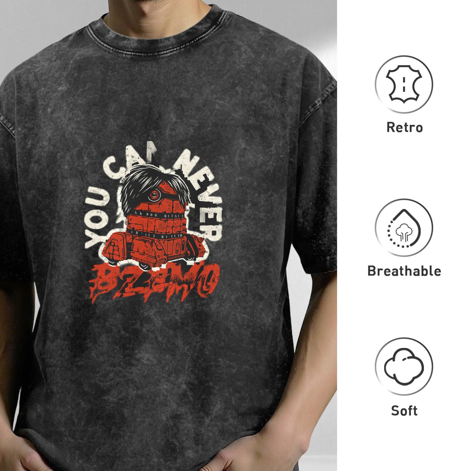 Washed black graphic t-shirt with You Can Never Bzimo text and red robot print
