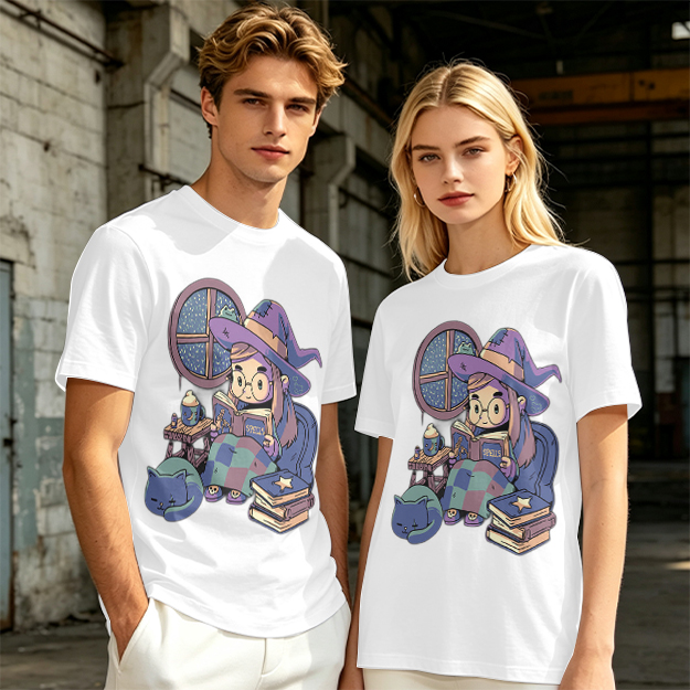 Olive t-shirt with cozy reading witch and cat graphic