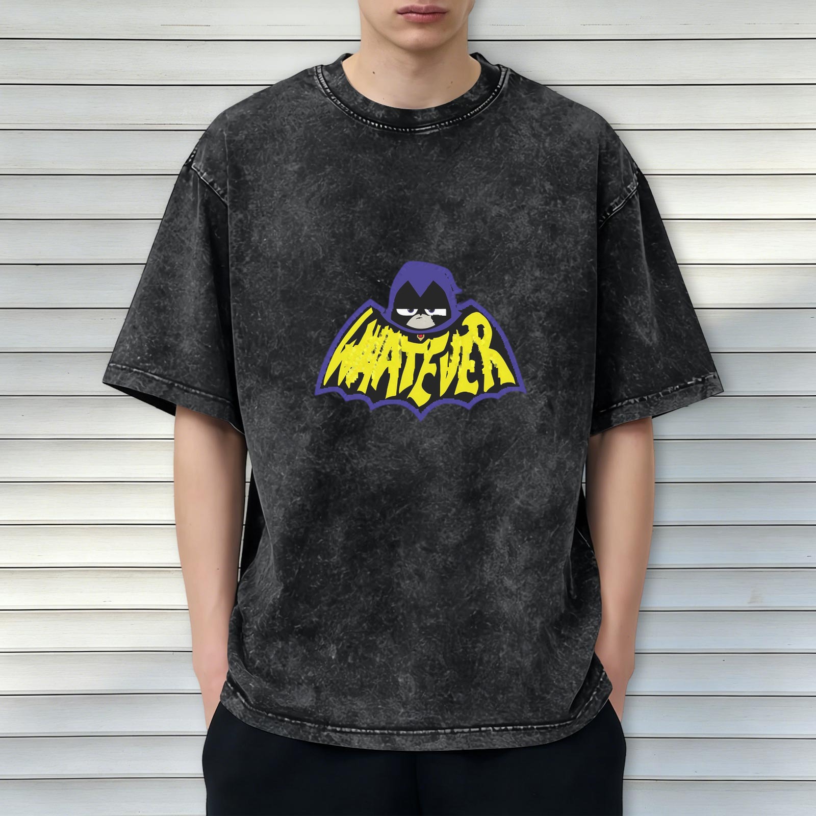 Teen Titans Raven Whatever Bat Logo Acid Wash Black T-Shirt