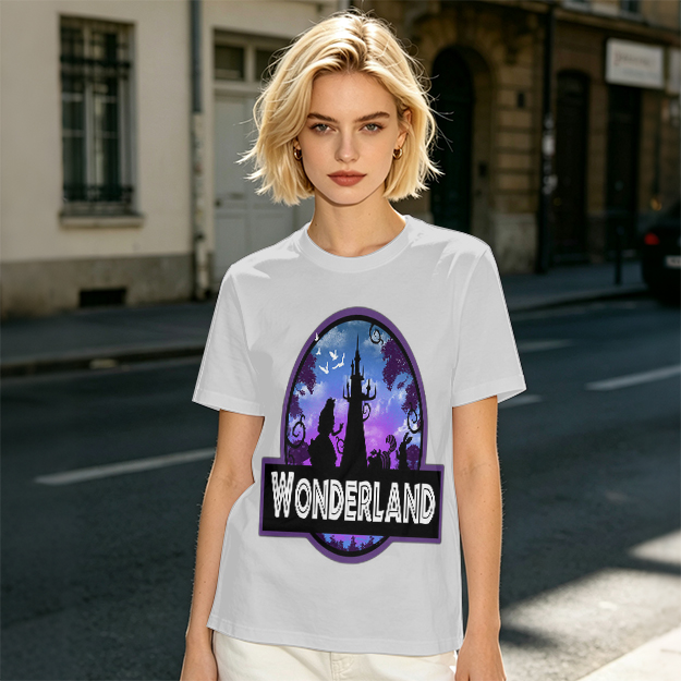 Olive green t-shirt with Wonderland fantasy castle graphic print