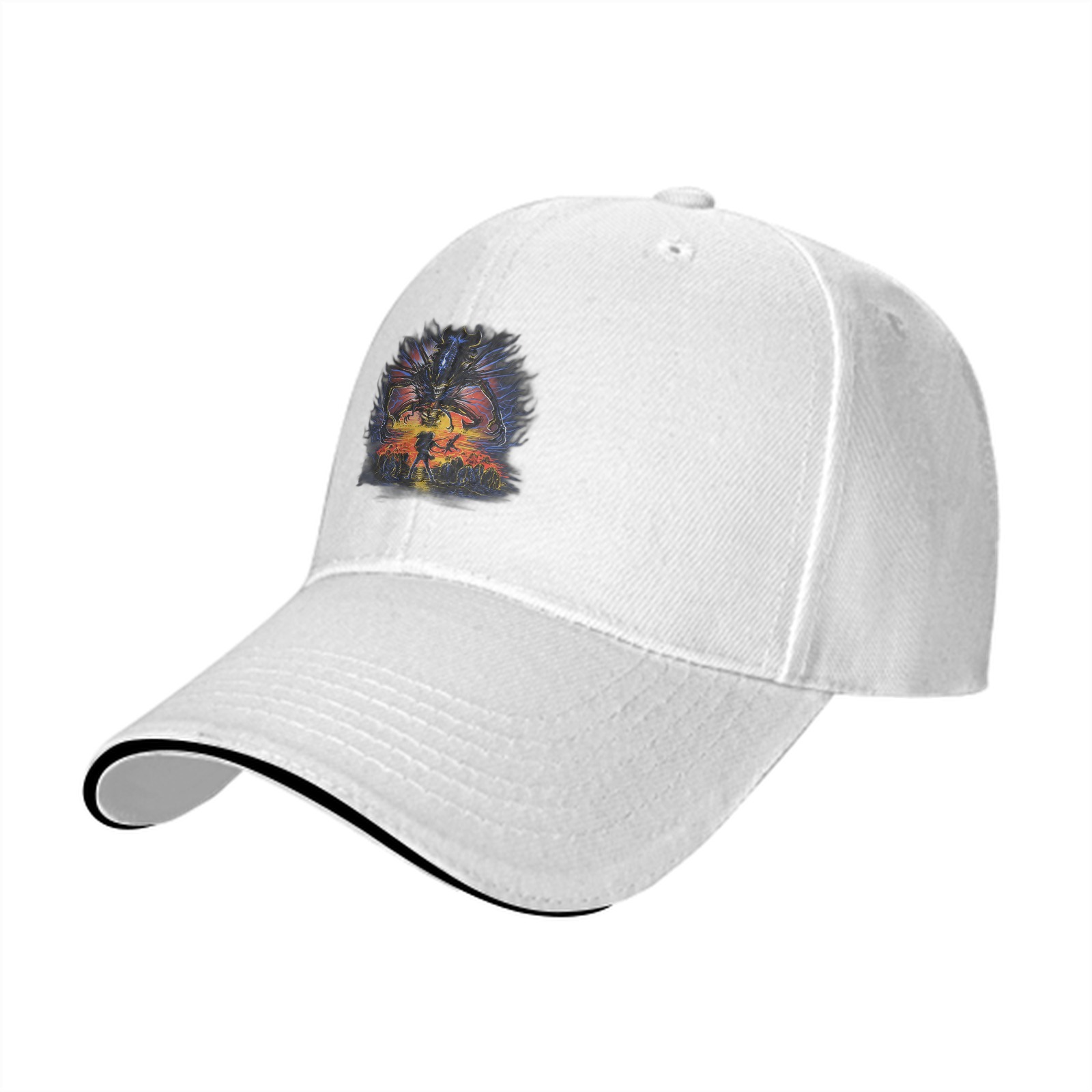 Black baseball cap with fantasy monster battle graphic print