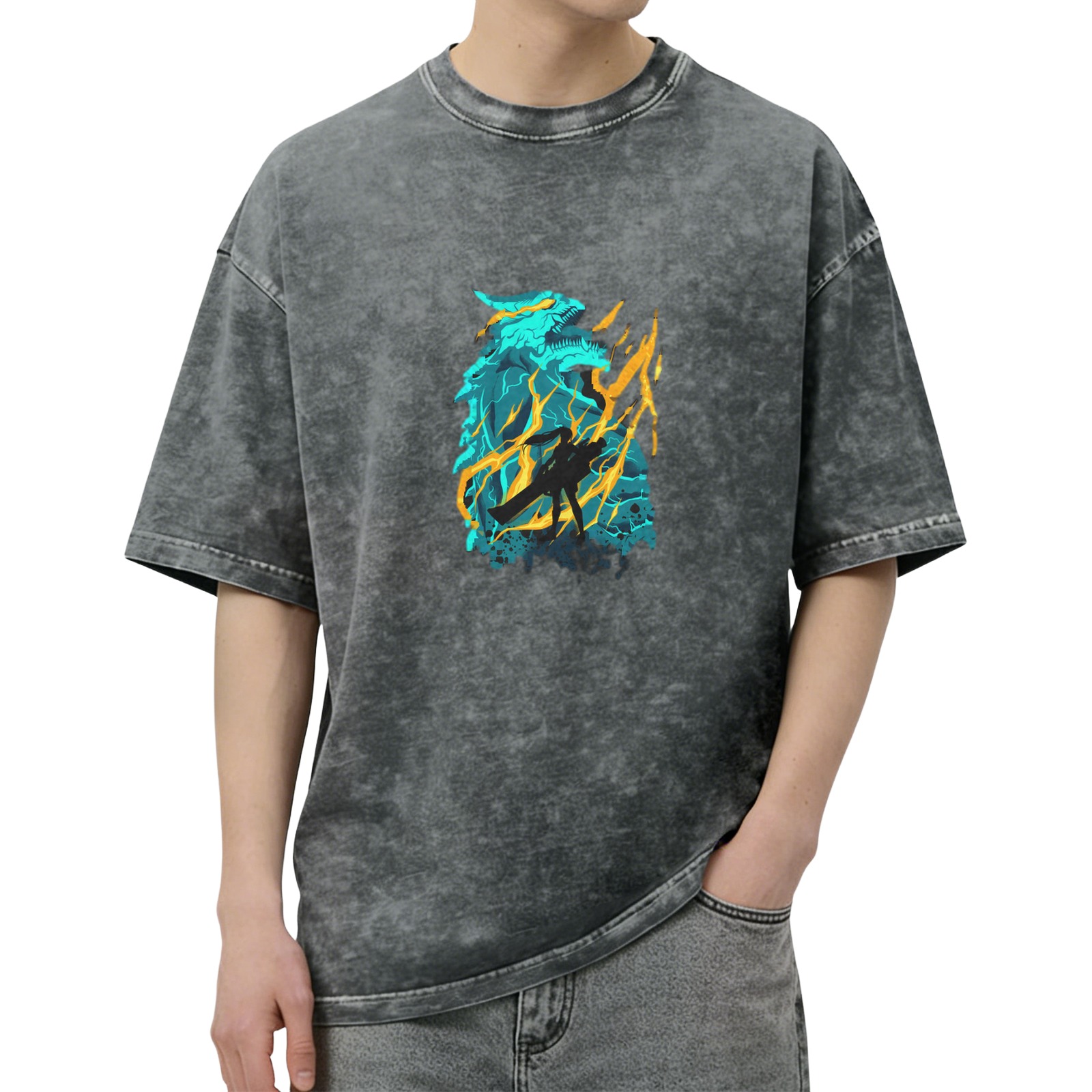 Oversized Acid Wash T-Shirt With Dragon Lightning Graphic Print