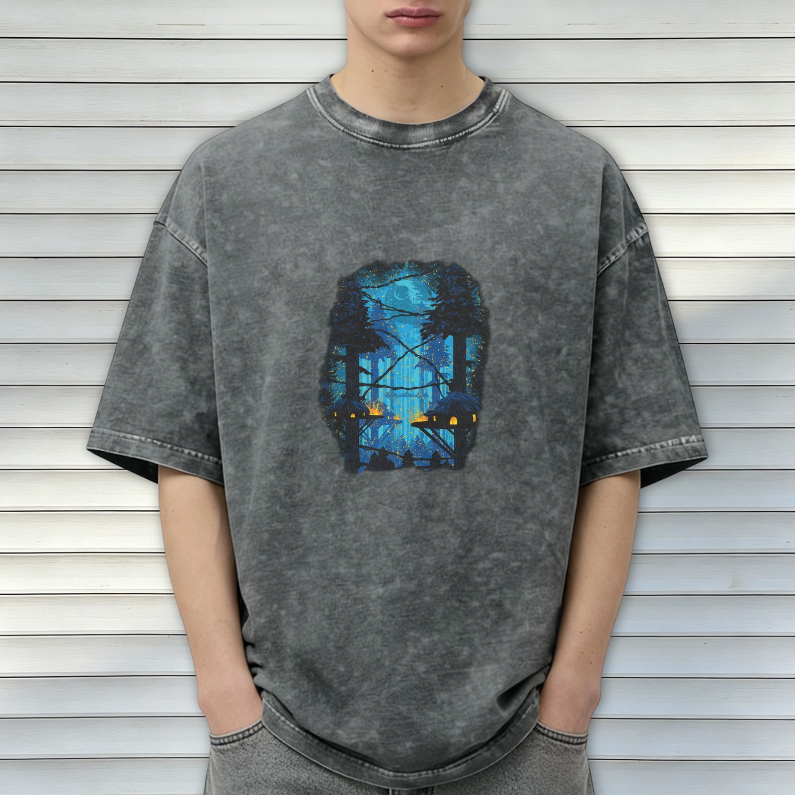 Oversized Acid Wash T-Shirt with Mystical Forest Treehouse Graphic
