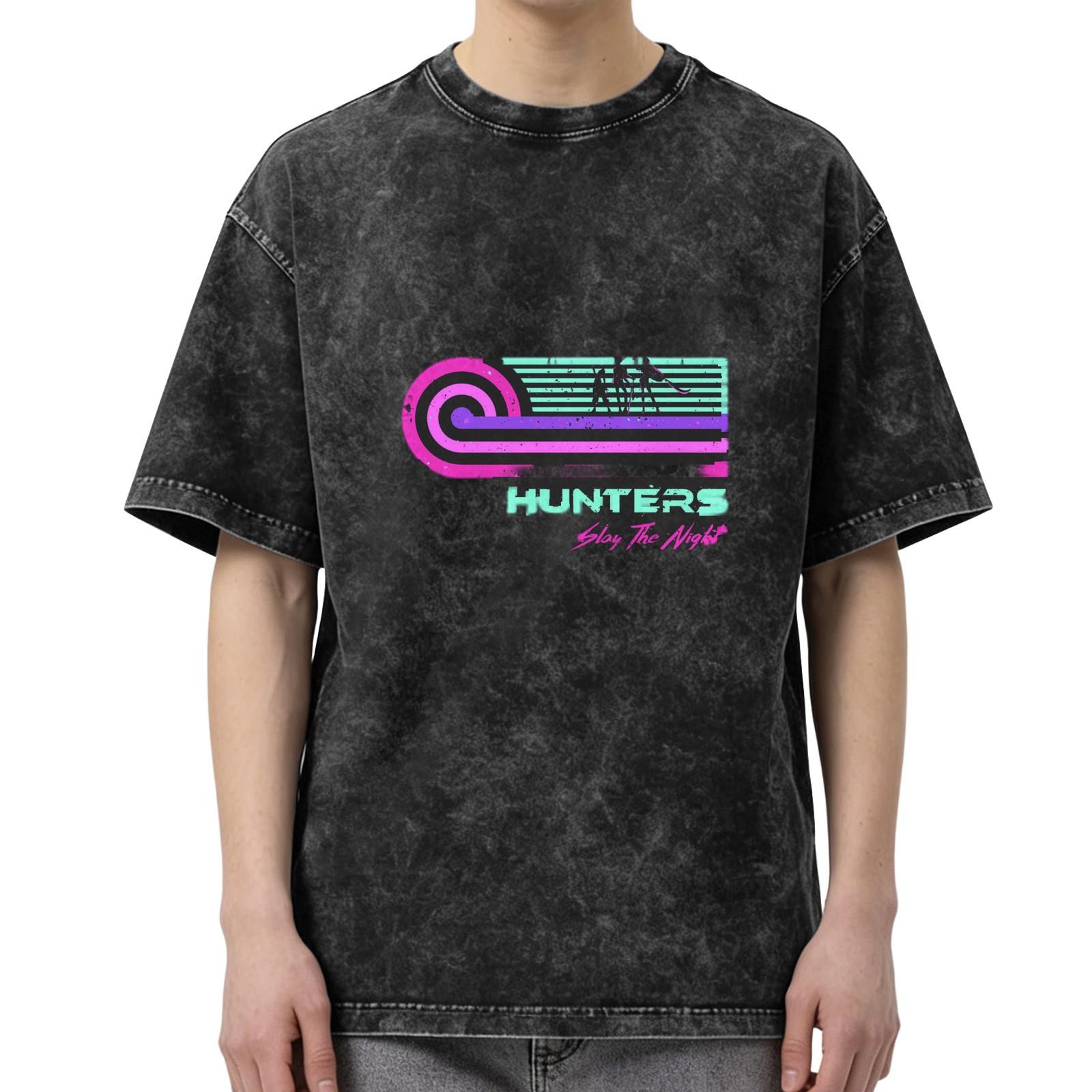 Washed Black T-Shirt with Retro Hunters Slay The Night Graphic