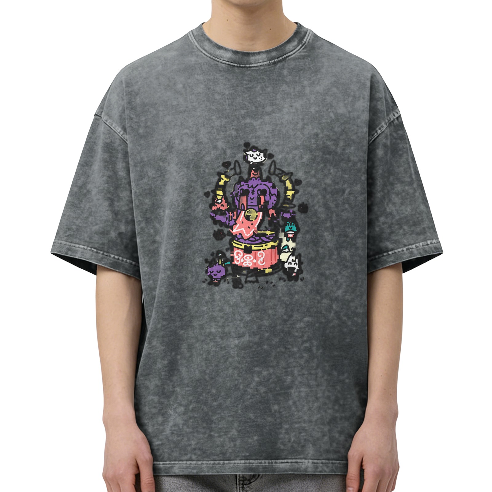 Oversized Acid Wash T-Shirt with Colorful Cartoon Graphic Print