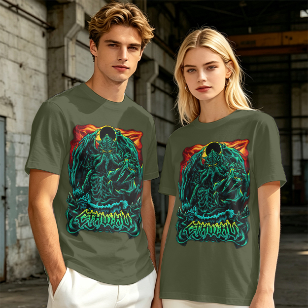 Olive Green T-Shirt With Dark Fantasy Monster Graphic Print