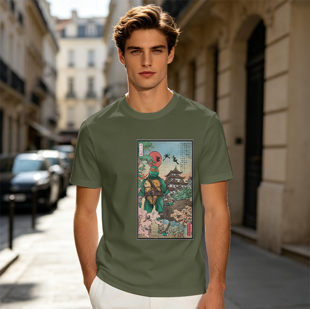 Olive T-Shirt with Ninja Turtle Ukiyo-e Style Print