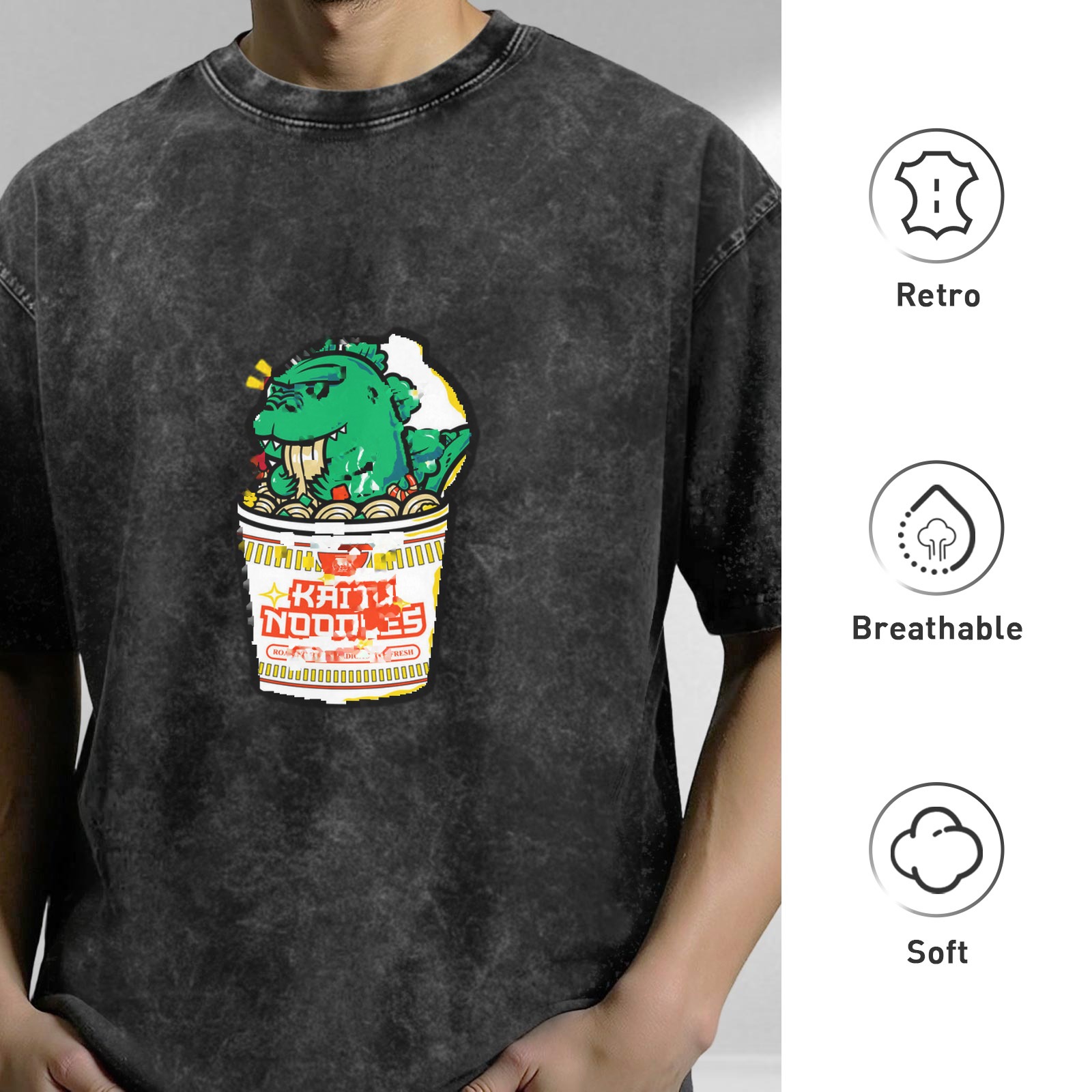 Washed Black T-Shirt with Kaiju Noodles Cup Monster Graphic