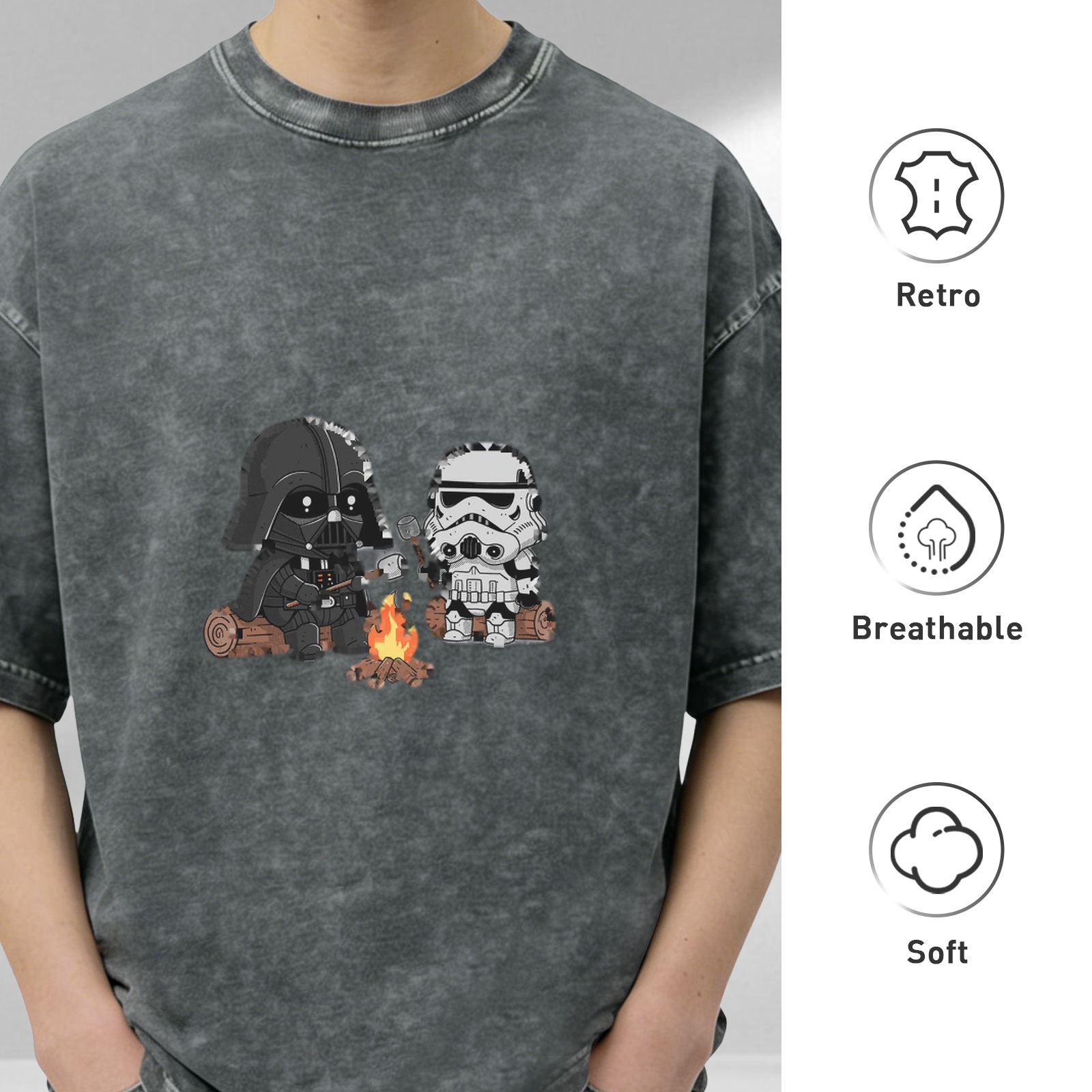 Washed Cotton T-Shirt with Cute Star Wars Characters Camping Graphic
