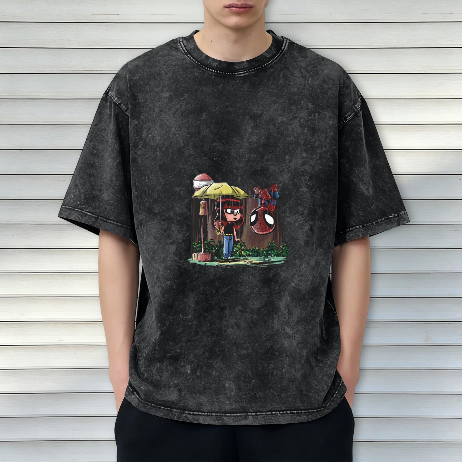 Washed black oversized t-shirt with Spider-Man and girl umbrella graphic
