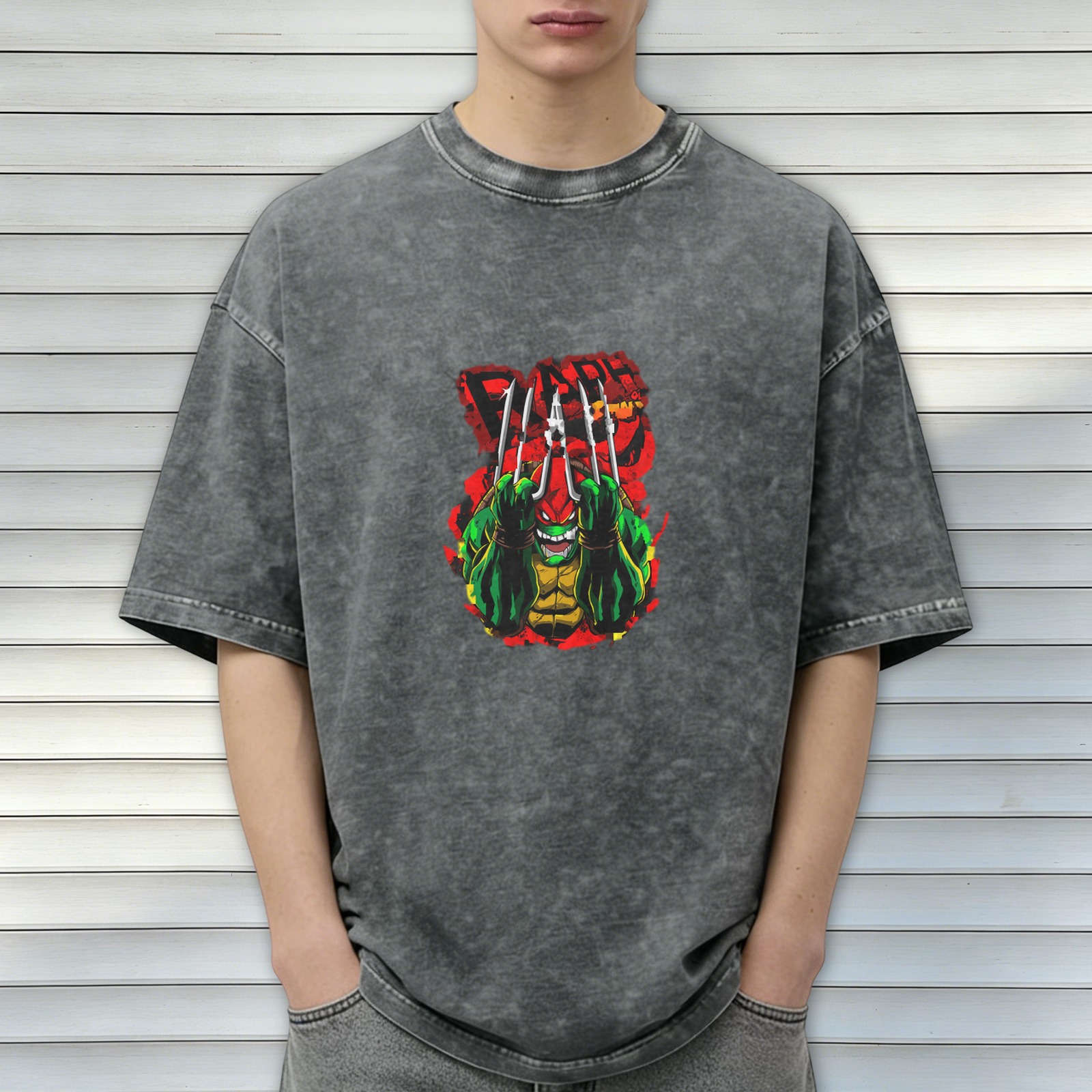 Washed Black T-Shirt With Angry Raphael Ninja Turtle Graphic