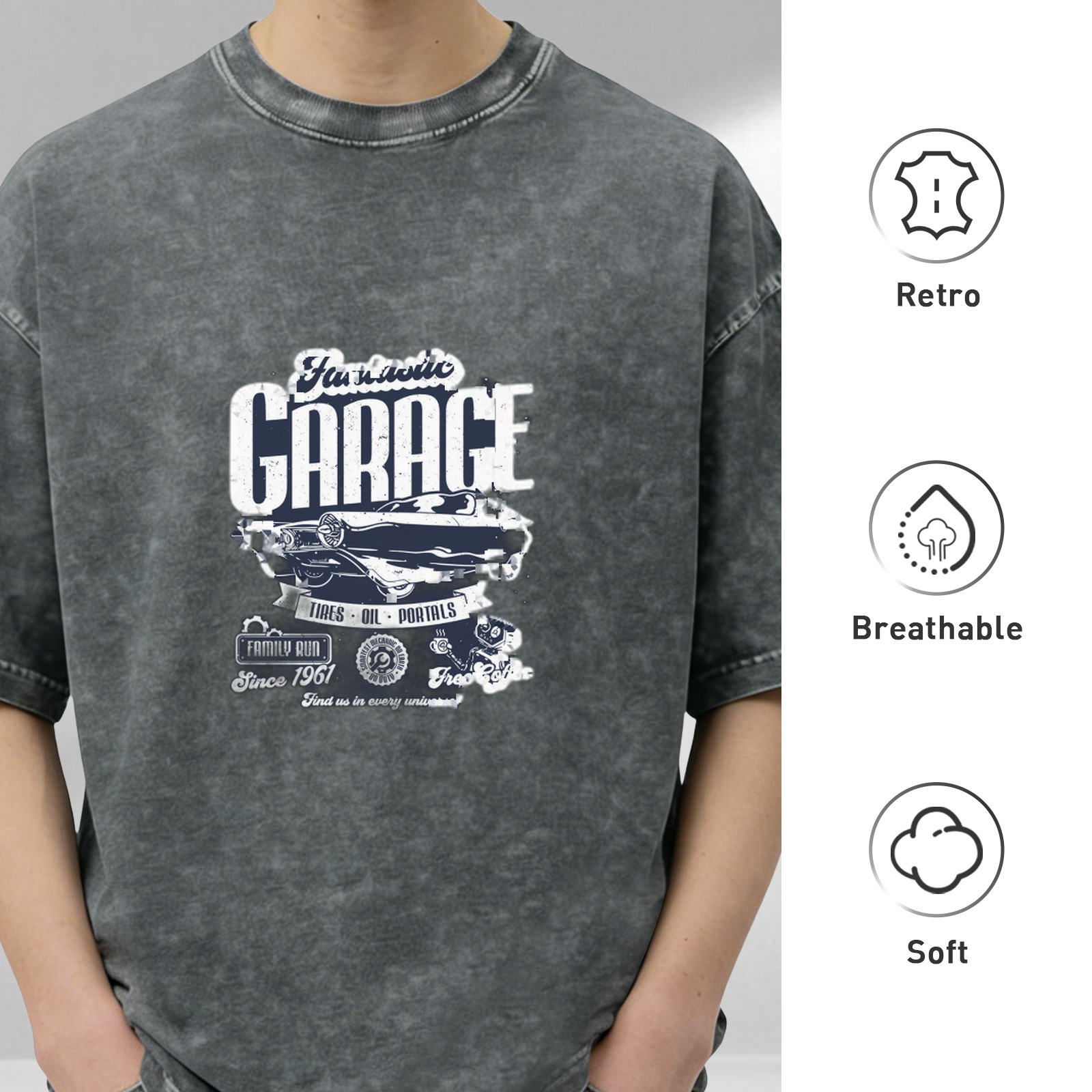 Vintage Washed Graphic T-Shirt with Garage and Classic Car Print