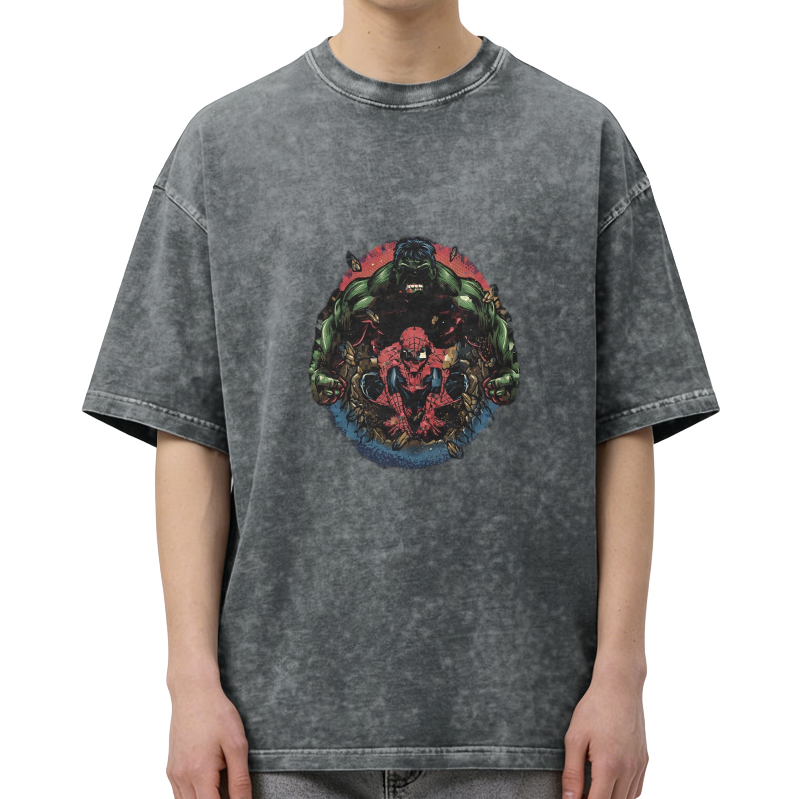 Marvel Hulk and Spider-Man Graphic Acid Wash Black T-Shirt
