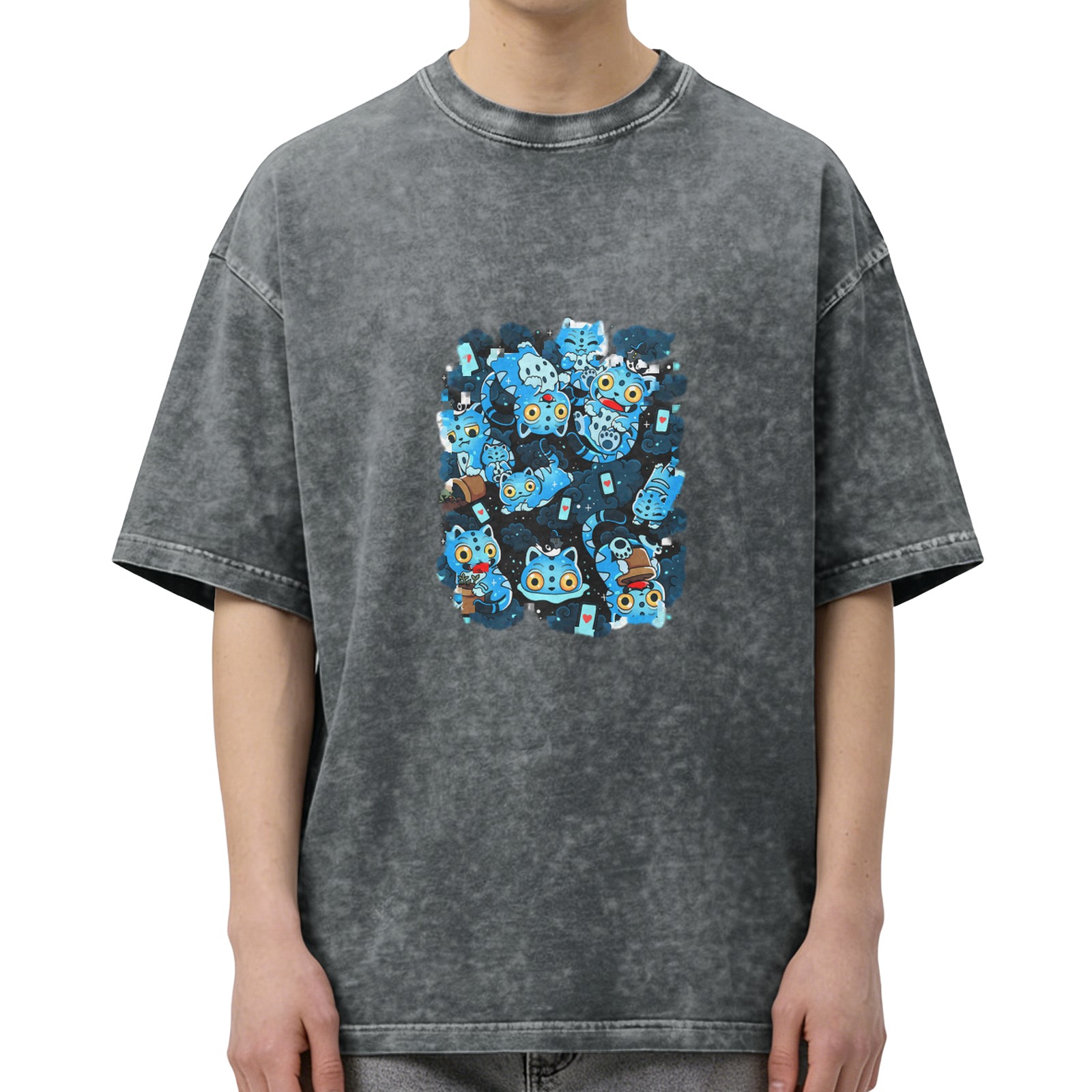 Oversized Vintage Wash Black T-Shirt with Blue Cute Cat Graphic Print