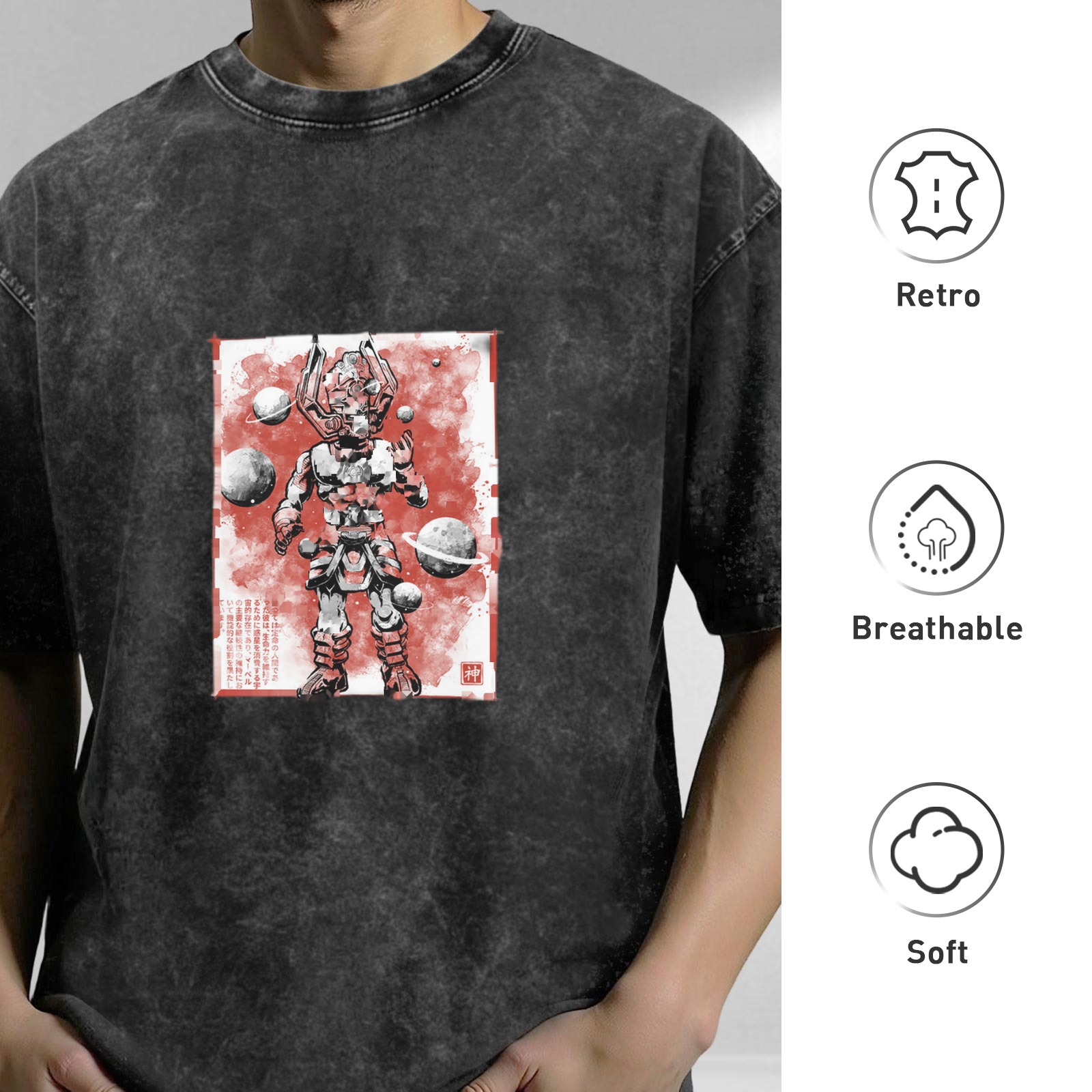 Oversized Acid Wash T-Shirt With Samurai Robot Space Art Print