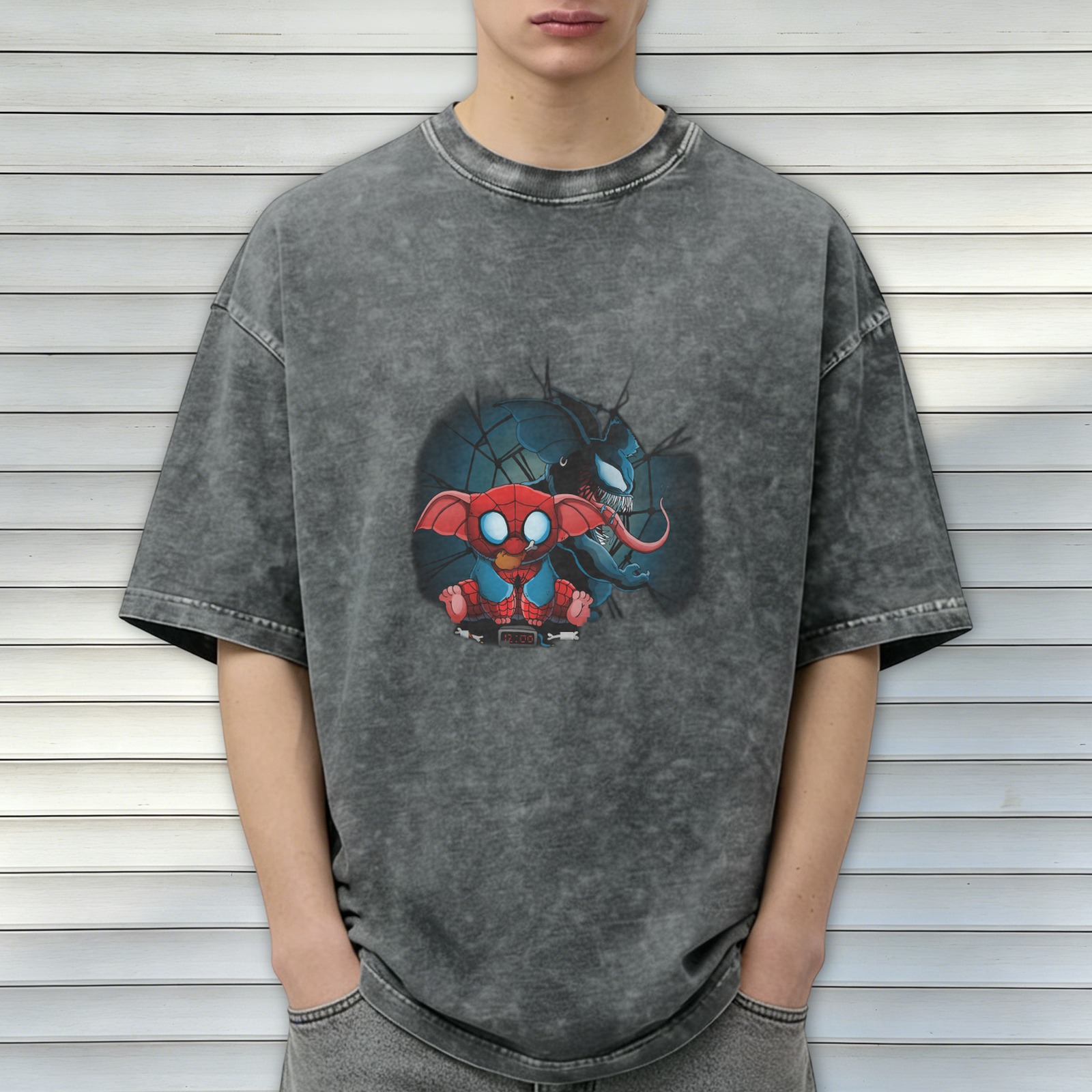 Washed black oversized t-shirt with Spider-Man Stitch and Venom graphic