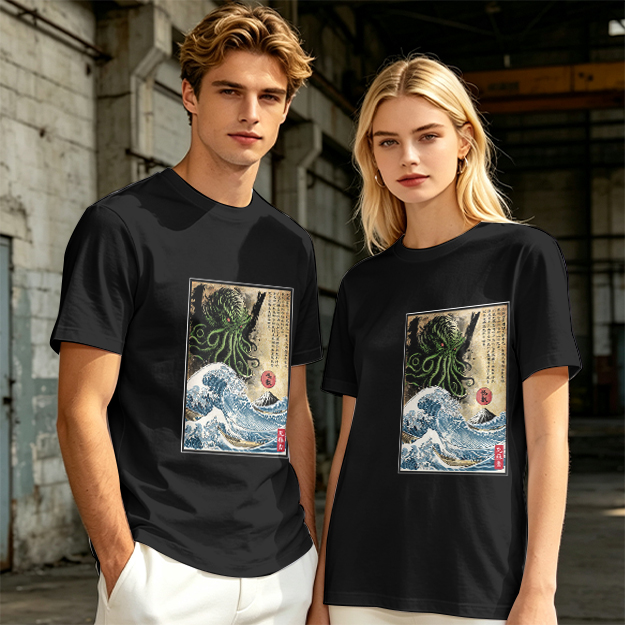 Olive T-shirt with Cthulhu Great Wave Japanese Art Print