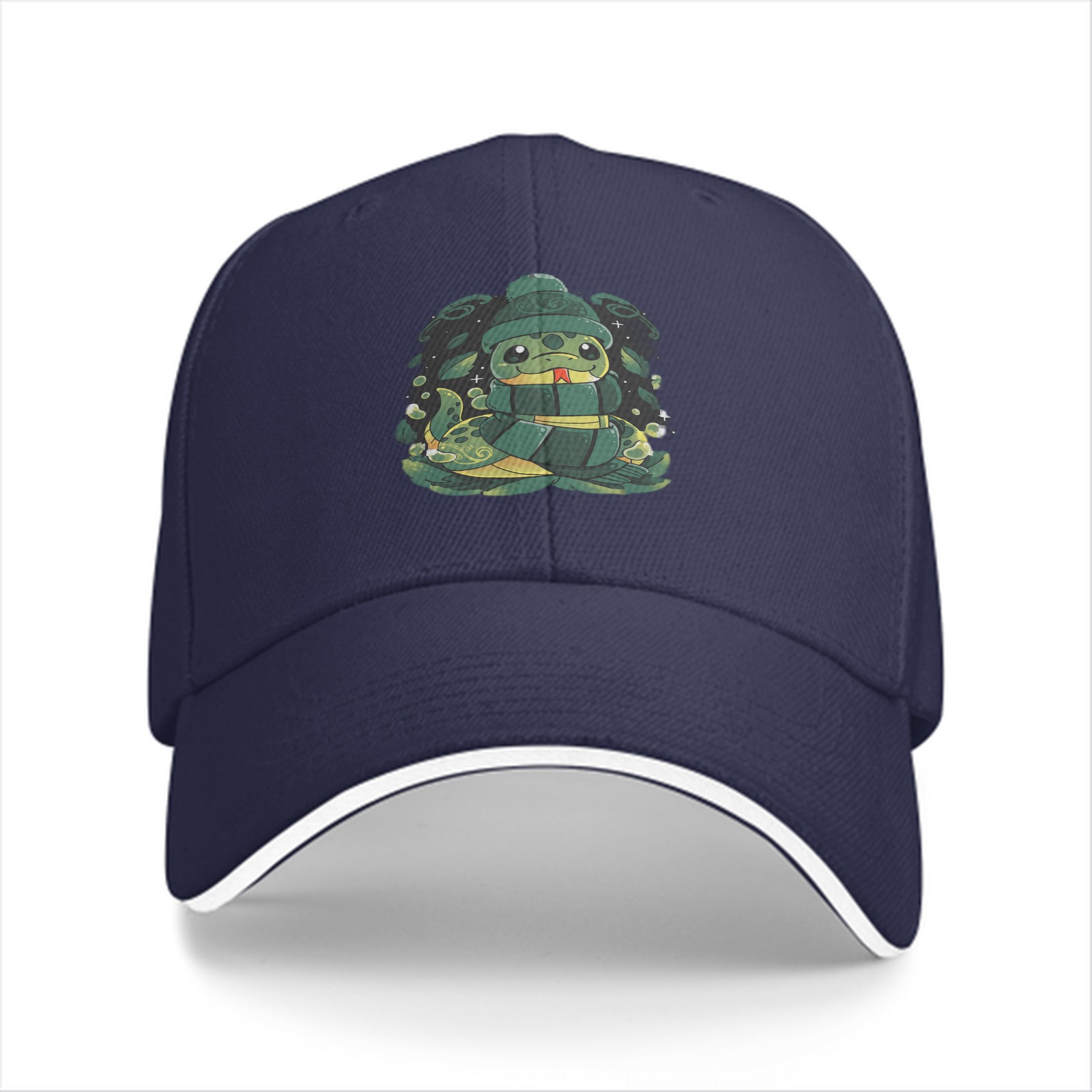 Black Baseball Cap With Cute Cartoon Snake Graphic Design