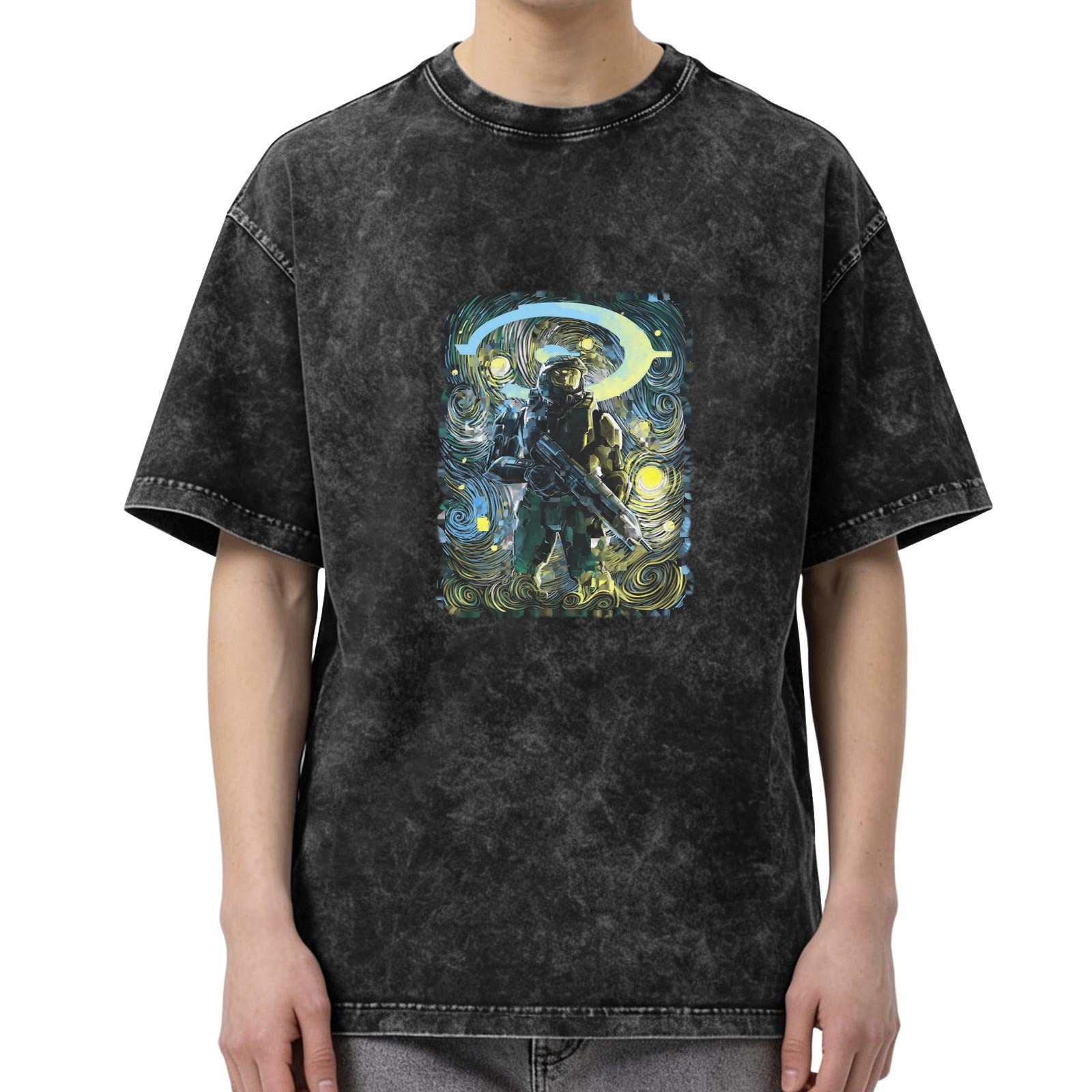 Washed Black T-Shirt with Halo Master Chief Starry Night Art