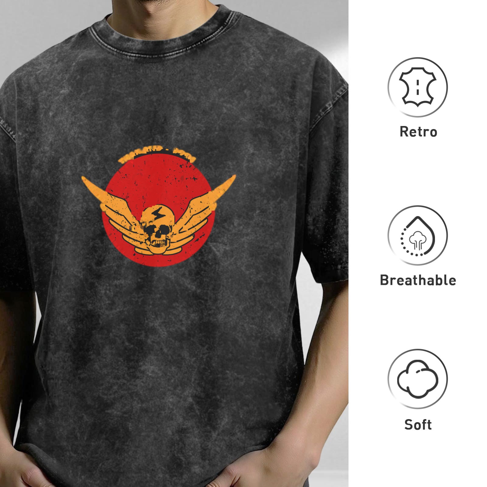 Washed Black Graphic T-Shirt with Winged Skull Red Circle Design